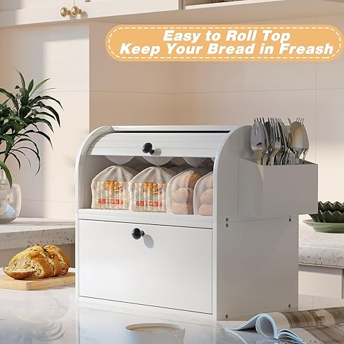 Miniatura 12 de TQVAI Panera de bambú para encimera de cocina, contenedor de pan enrollable con cesta de cubiertos, se puede utilizar como 2 cajas de pan Negro