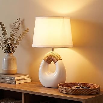 SOTTAE 16 Boho Table Lamps Living Room Bedroom,Rattan Bohemian Ceramic Base,Farmhouse Desk Lamp Rustic Egg Design Nightstand Bedside Lamps for Bedroom Living Room Office Study