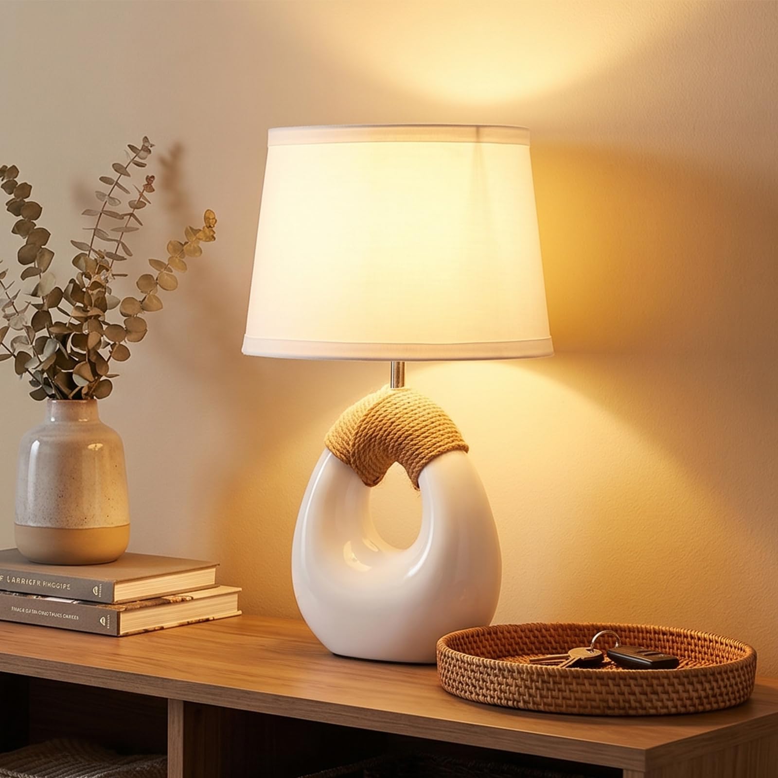 SOTTAE 16” Boho Table Lamps Living Room Bedroom,Rattan Bohemian Ceramic Base,Farmhouse Desk Lamp Rustic Egg Design Nightstand Bedside Lamps for Bedroom Living R