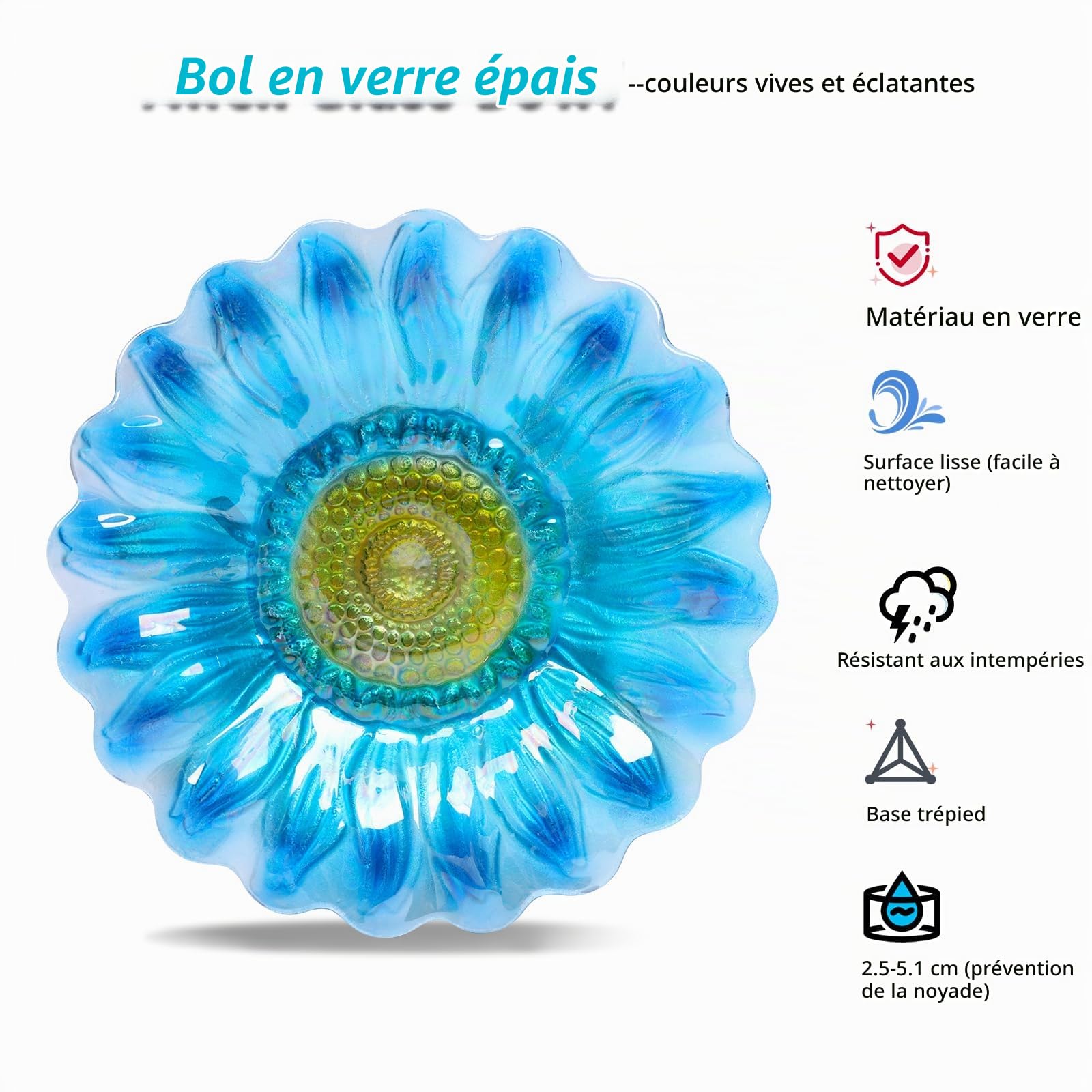 MUMTOP Bain d'oiseaux pour extérieur, Bain d'oiseaux en Verre avec Piquet pour décoration de Jardin et Cour (Bleu)