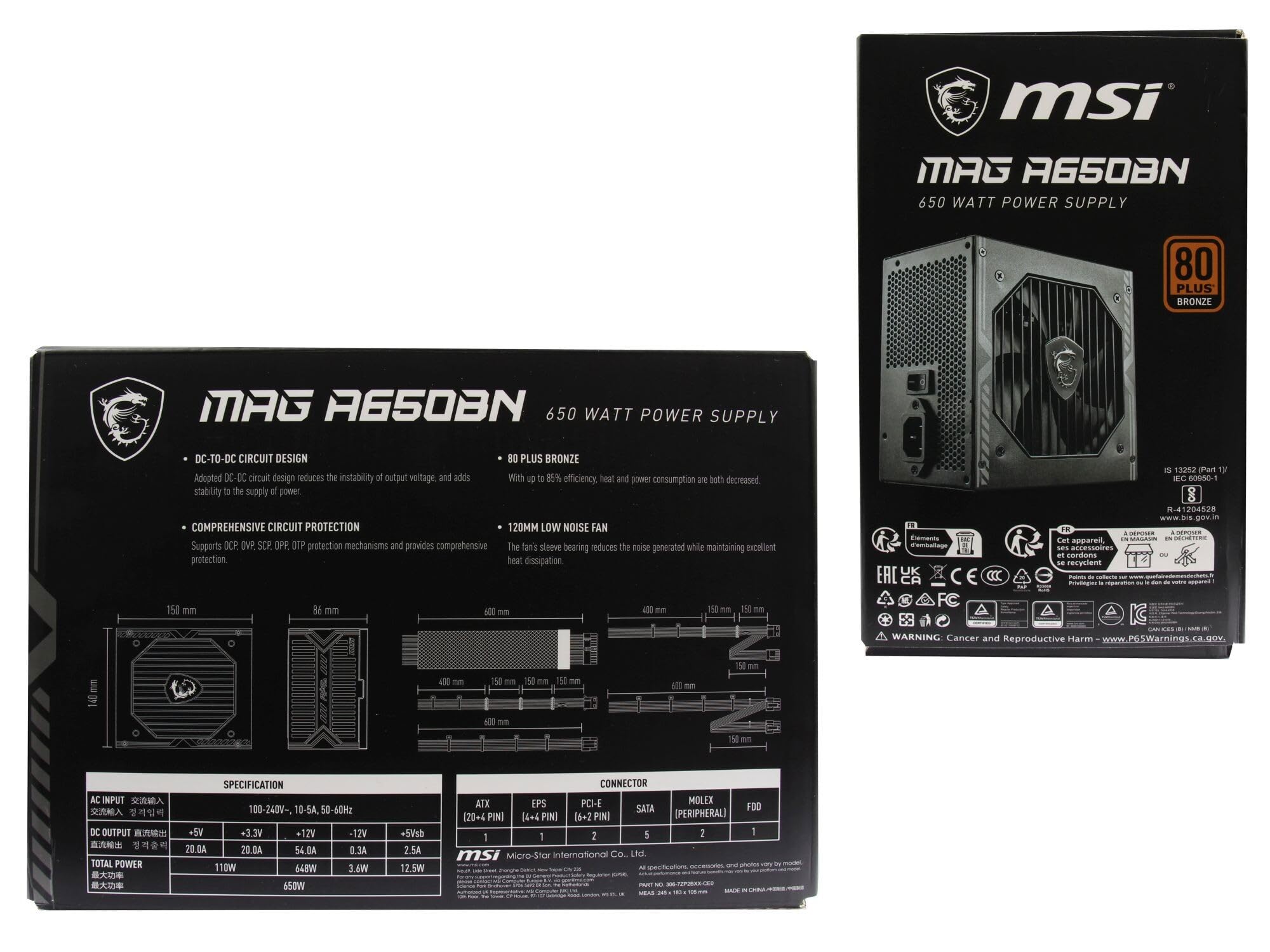 MSI mag A650BN Original Fuente de alimentación del Ordenador de sobremesa 650 vatios mag A650BN | para MAG Codex 5 12TC/12TG/12TD (MS-B930), Infinite 10SH (MS-B915), 10SI (MS-B915), 10TG (MS-B915)