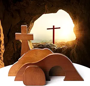 Escena de Pascua de la Tumba Vacía, decoraciones con cruces cristianas, kit de Pascua con la Tumba de Jesús para el hogar, la mesa y la oficina - Bambú (marrón oscuro)