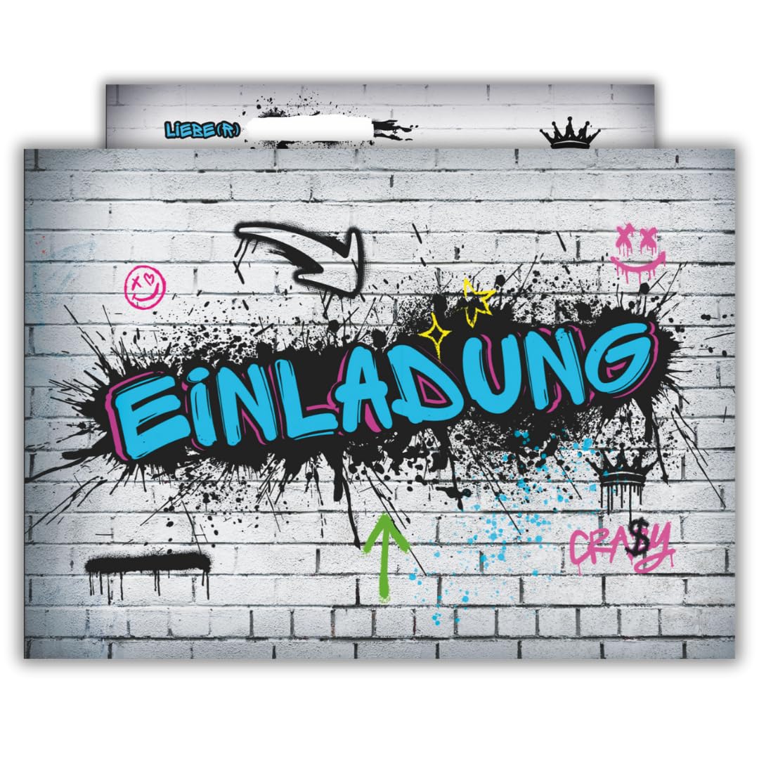 12 Biglietti D’Invito Compleanno Bambini – Design Acquerello Graffiti – Doppia Faccia – Carta Riciclata