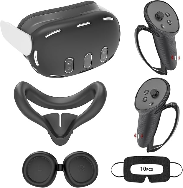 Deluxe 5 in 1 Silicone Accessories for Meta Quest 3, VR Protective Case Set for Oculus Quest 3, Controller Grip Cover, VR Shell Cover, Face Cover, Gifts for Christmas & Halloween (Black)