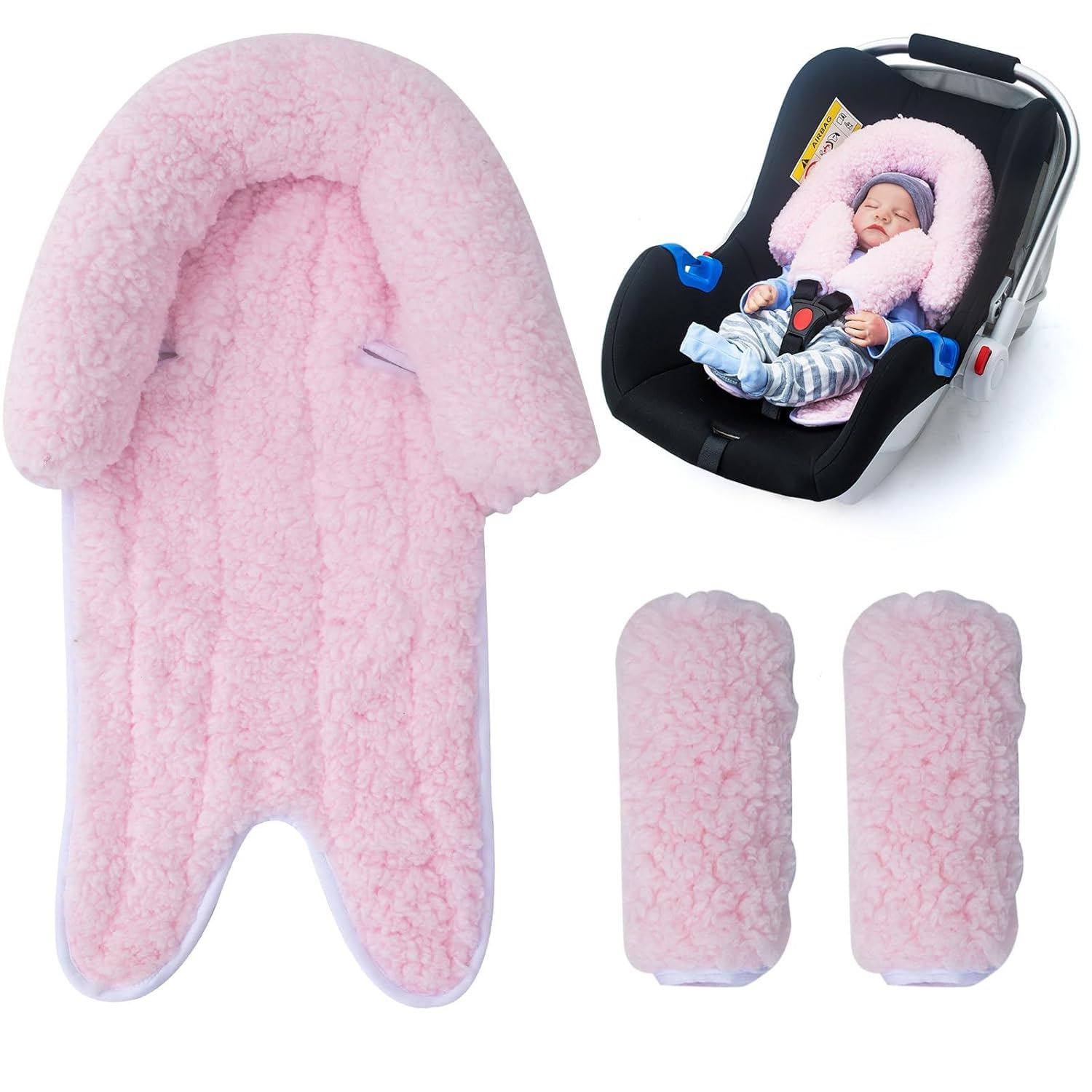 Winter Infant Car Seat Insert, Newborn Car Seat Head Support with 2 Car Seat Strap Pads, Plush Fleece Car Seat Cushion for Baby, Warm Stroller Padding for Swing, Bouncer, Rocker, Carseat