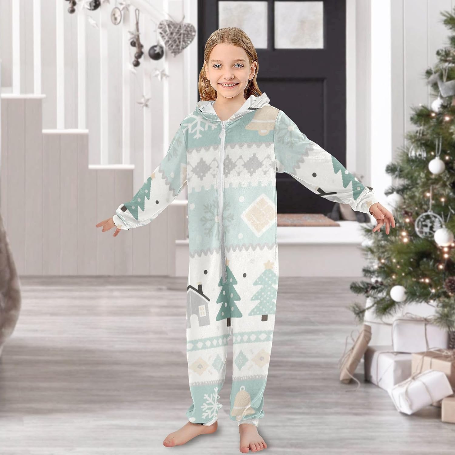 Sleepwear Holiday Pajamas Soft Cozy Hooded One-Piecing Loungewear Sleepwear for Christmas Home 4-14Y