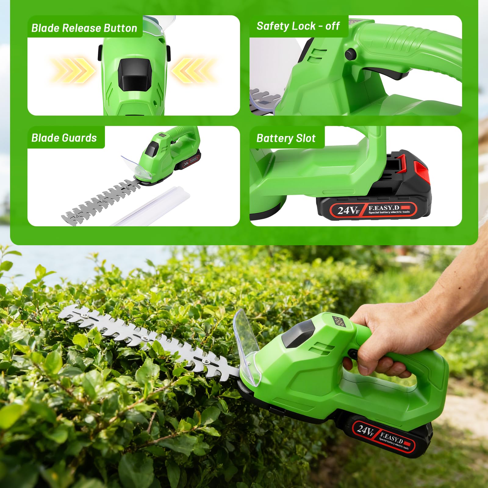 Heckenschere 21 V, 2 in 1, kabellos, mit Hecken- und Rasenklinge, elektrische Heckenschere mit 2 Batterien à 2000 mAh, batteriebetriebene Heckenschere mit digitaler Ladeanzeige, für Sträucher, Garten