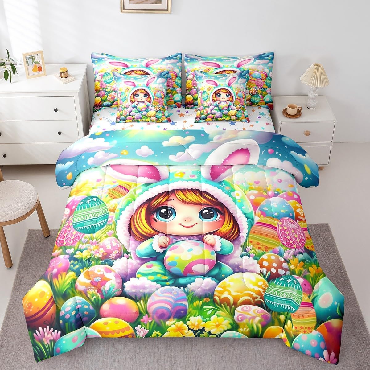 7 Pieces Queen Size Easter Comforter Set,Kawaii Rabbit Girl Cartoon Easter Eggs Bedding Set for Girls Women,Botanical Flowers Rustic (Comforter+Fitted+Flat Sheet+2 Pillowcases+2 Throw Pillow Covers)