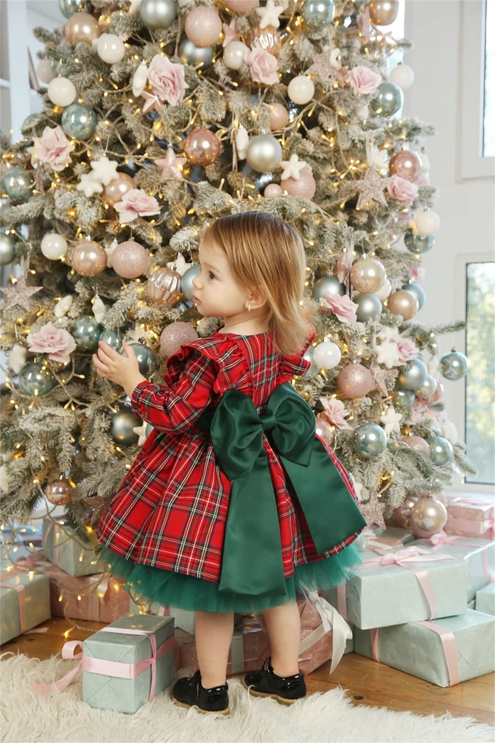 oneflow Toddler Christmas Dress Baby Girl Red Plaid Dresses and Green Tutu Xmas Outfit with Ruffle Princess Bowknot (Vintage Red Green,1-2T)