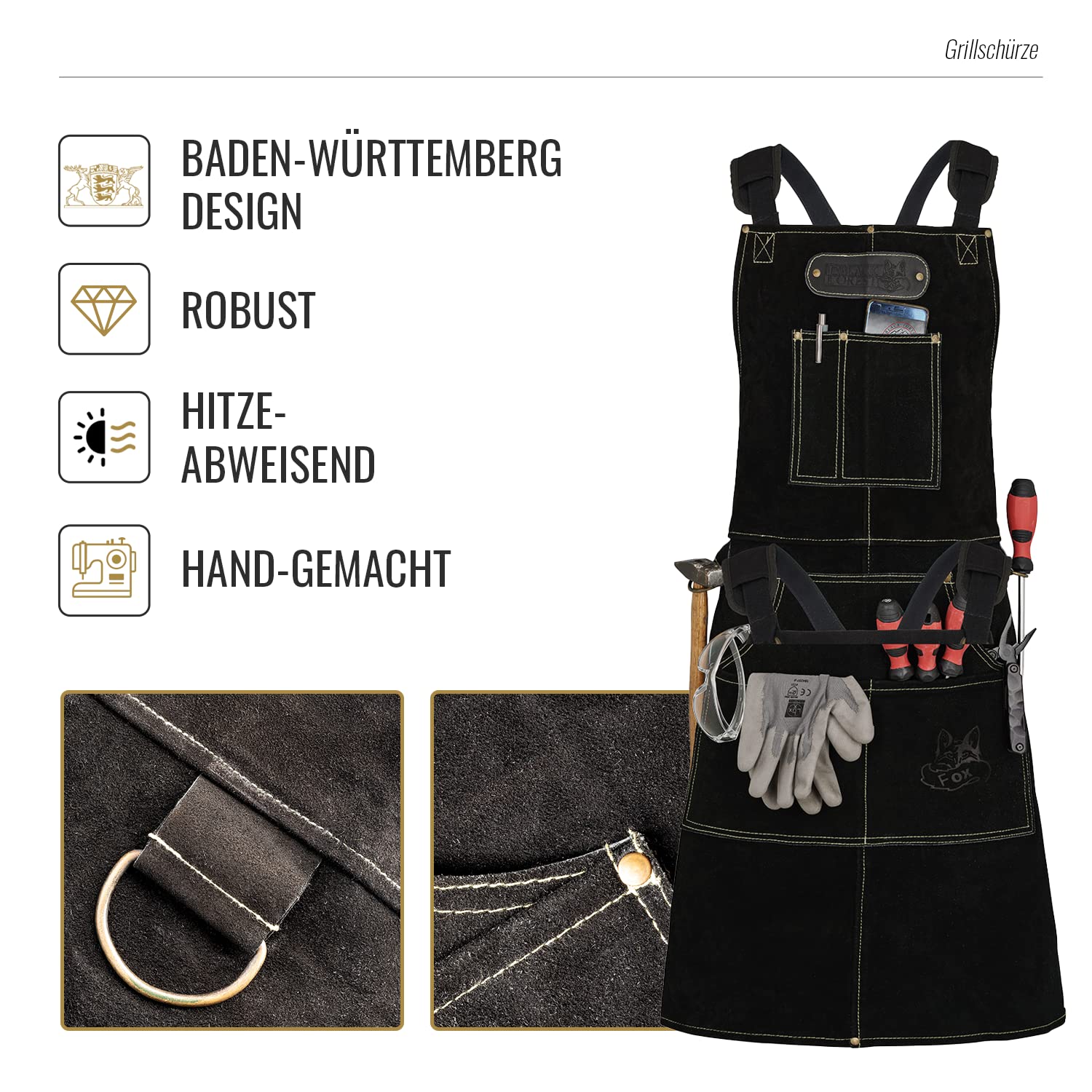 Tablier de soudeur Rough - En cuir de buffle sauvage - Pour barbecue, restauration, barista, cuisine - 61 x 94 cm - Variable de M à XXL en 3 couleurs - Noir - Taille Unique