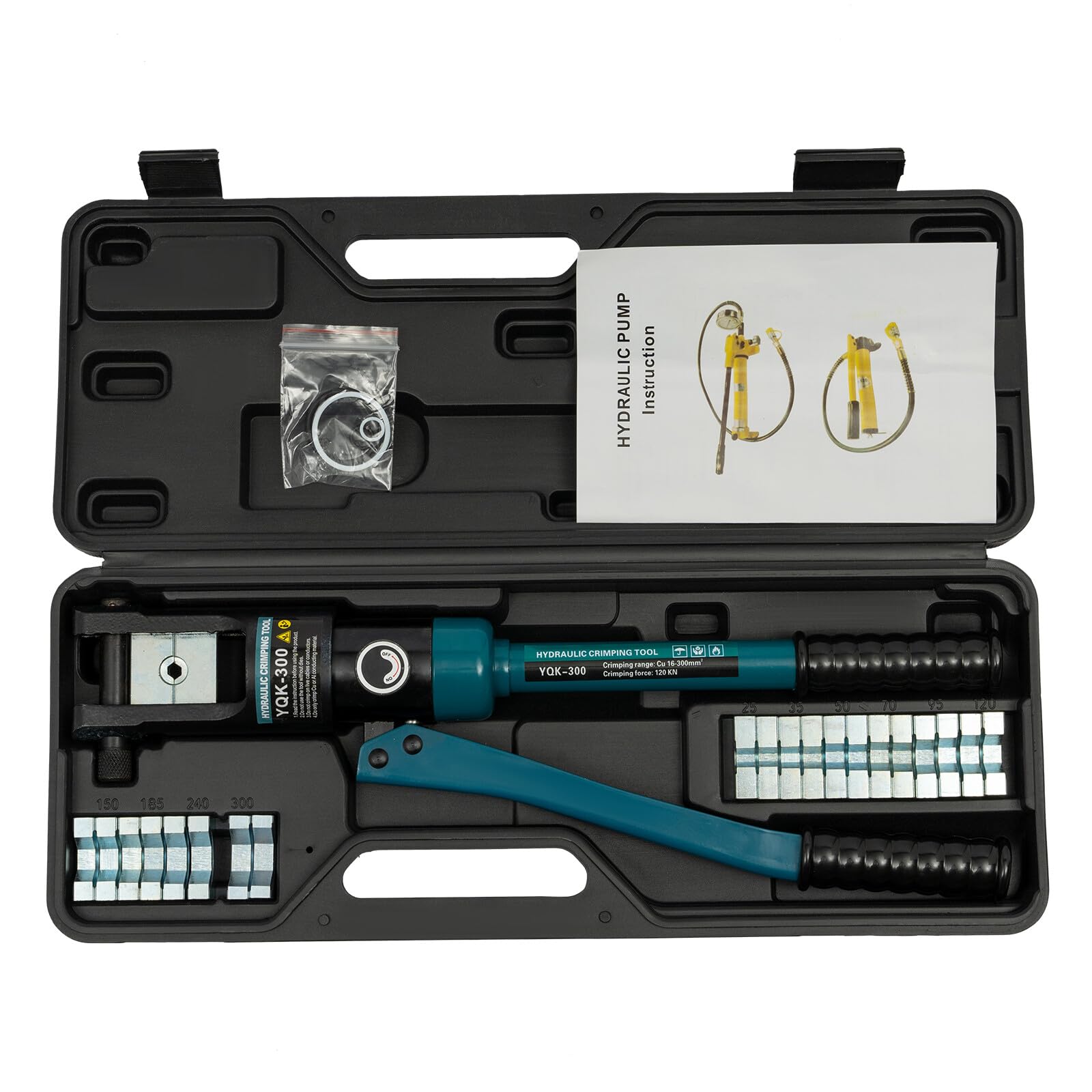 YQK-300 - Crimpadora hidráulica de 16 toneladas con 11 matrices de 16 a 300 mm², fuerza de crimpado de 120 KN, cabezal giratorio de 360°, mango ergonómico, para terminales de cables y tuberías