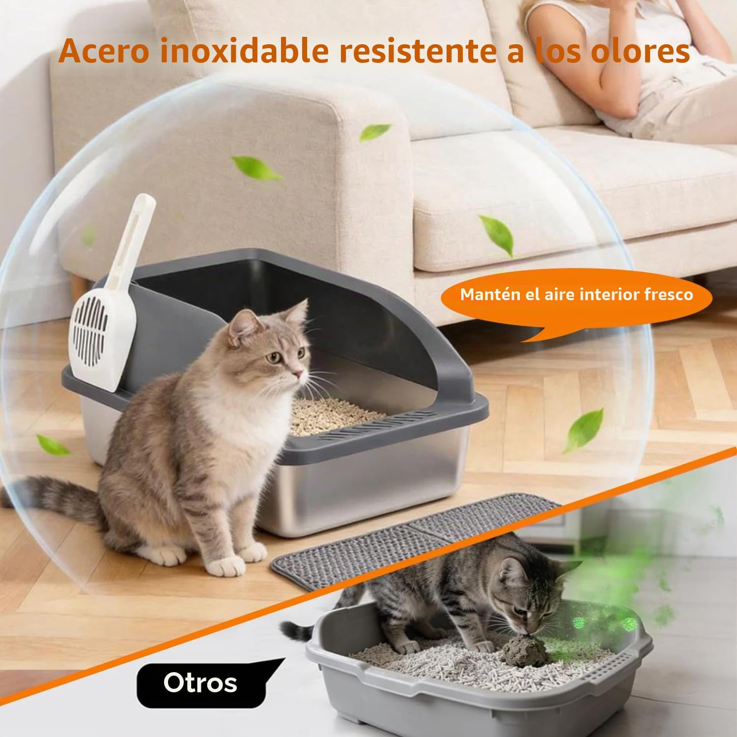 Nobleza 2 x Arenero de Acero Inoxidable para Gatos con Pared Alta， Diseño Anti-Salpicaduras， Kit Completo con Alfombra de Nido de Abeja y Pala， 61 * 40.5 * 31cm， Plata/Gris