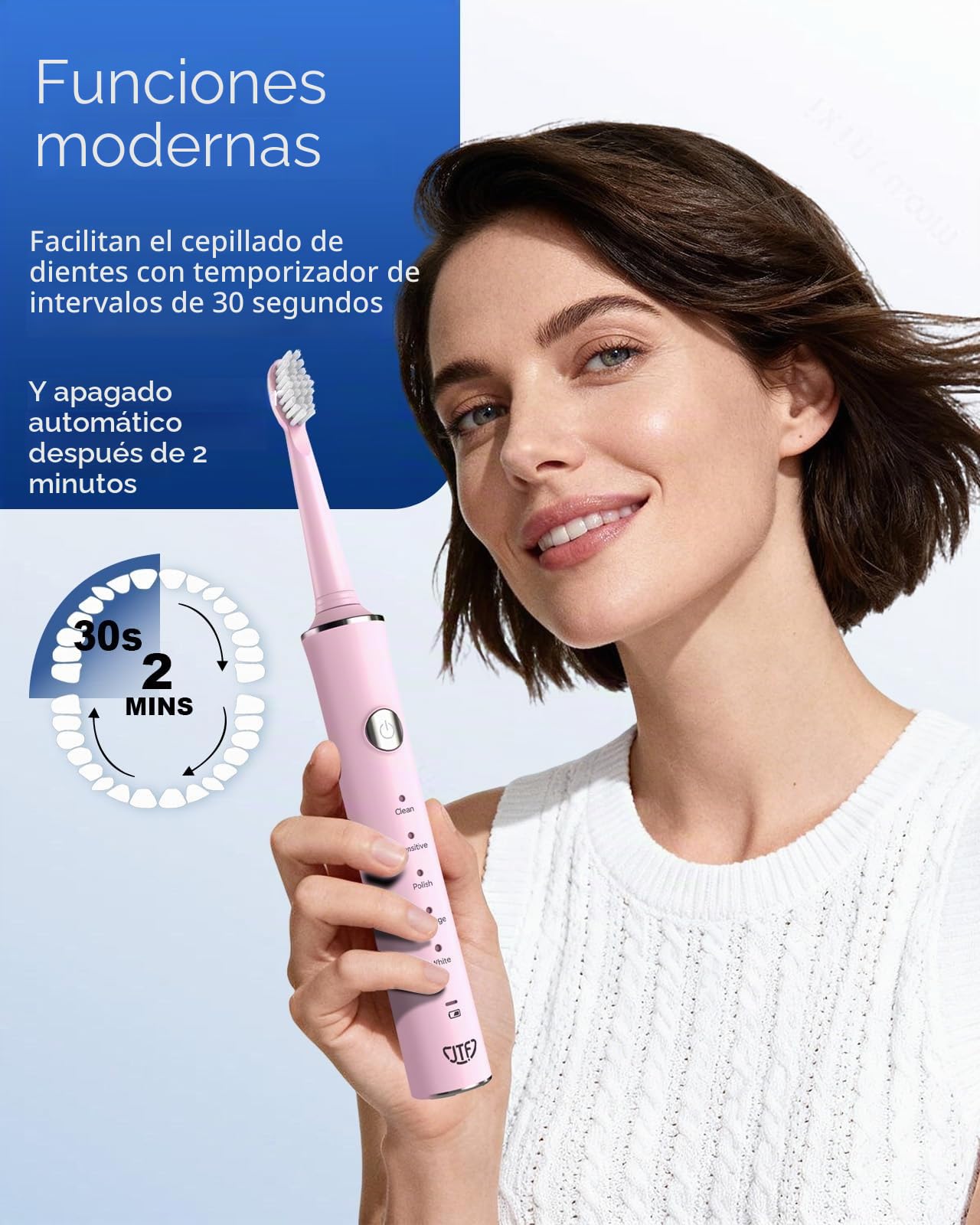JTF Cepillo de Dientes Eléctrico Sónico – Limpieza Profunda para Encías Sensibles, 5 Modos, 45 Días de Batería, 8 Cabezales, IPX7 Impermeable, Temporizador Inteligente, Ideal para Viajes (Rosa)