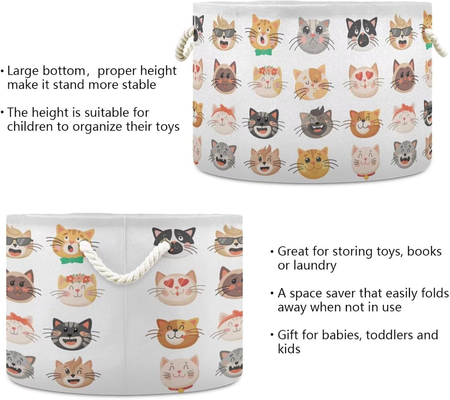 Cat Face Print Collapsible Round Storage Basket with Handles image 5