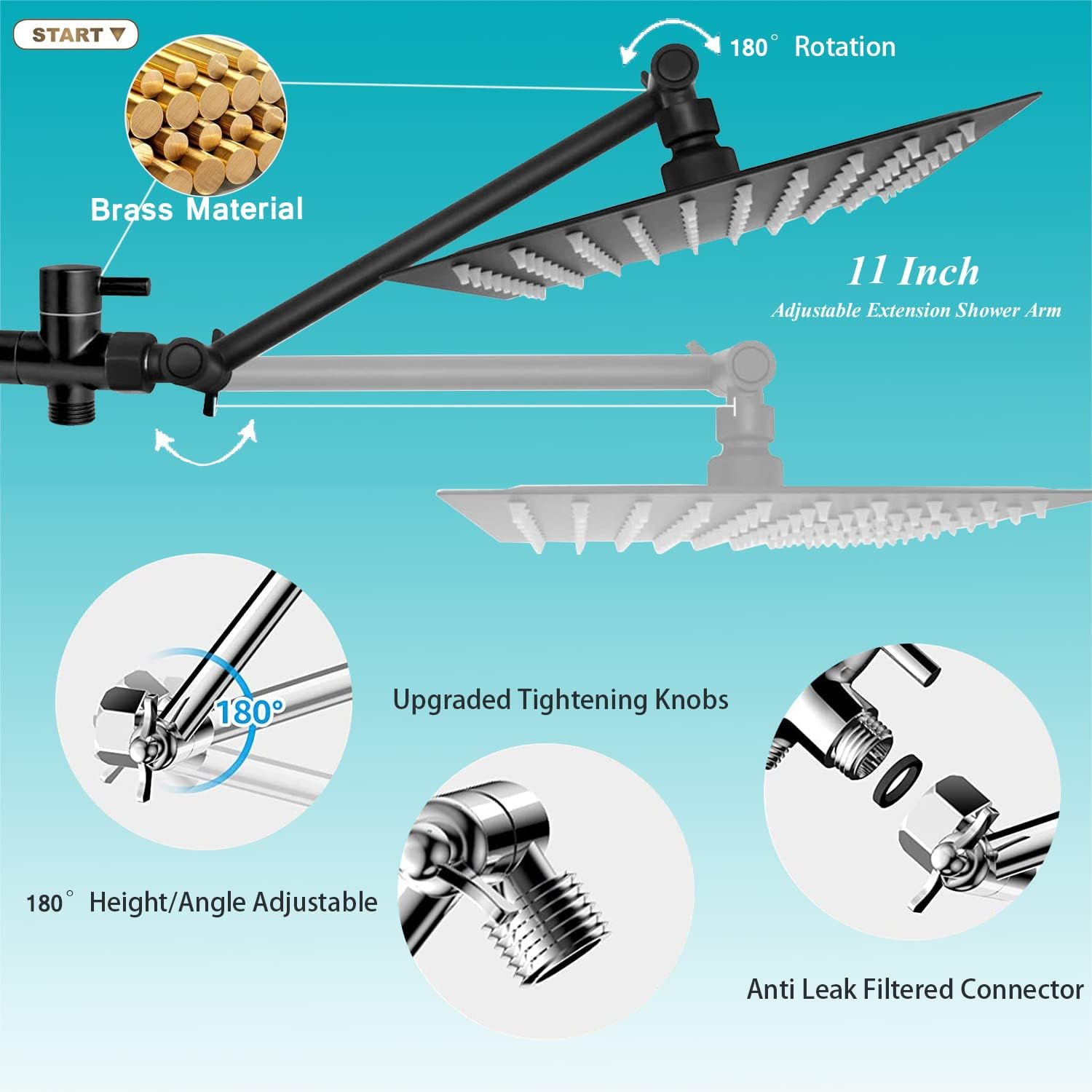 Square Shower Head, Rainfall Shower Head with Handheld Combo, 10'' High Pressure Rain Showerhead / 6 Settings Handheld Spray with 11'' Extension Arm, Shower Holder/78'' Hose (Matte Black)