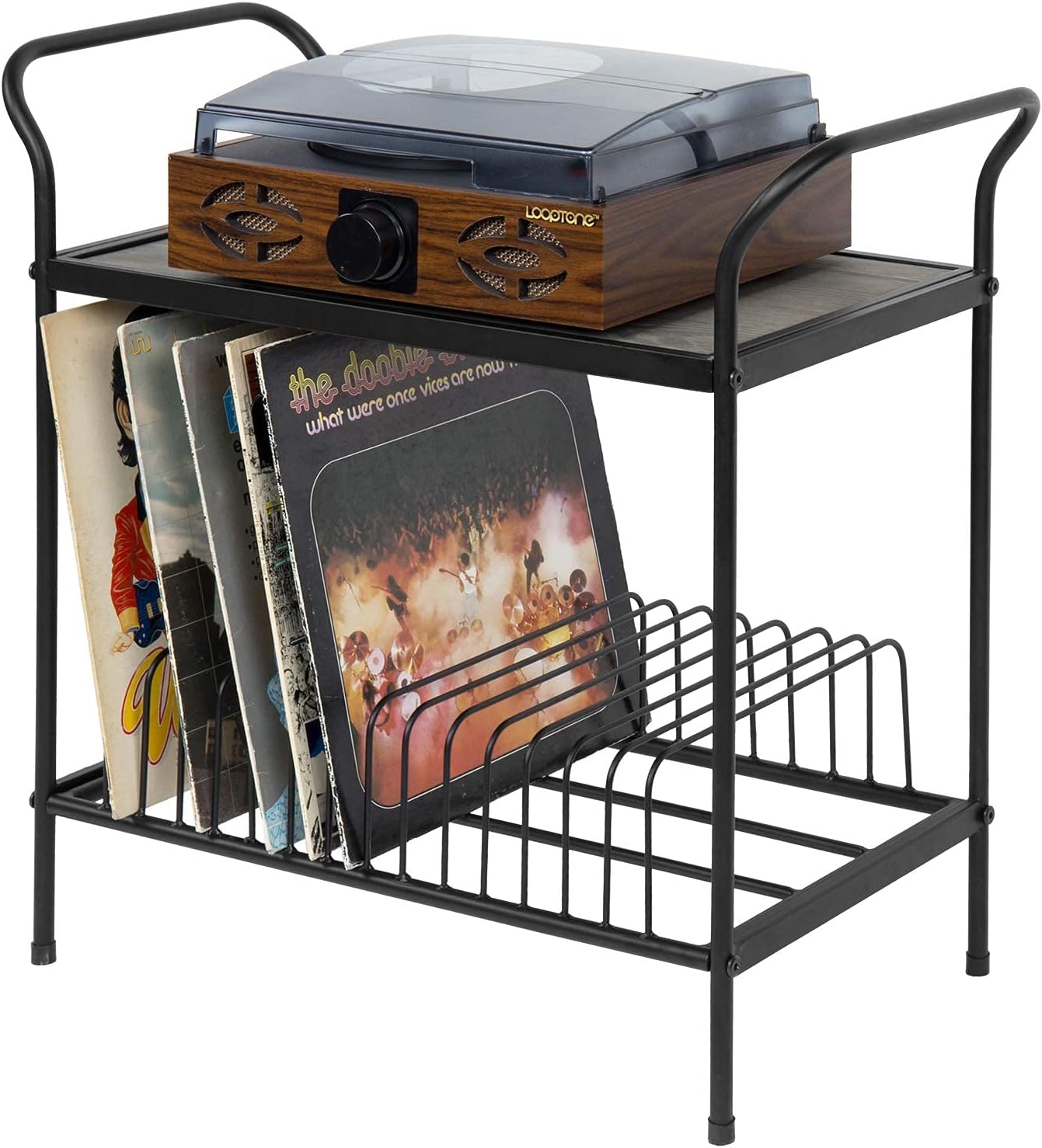 Bеѕt Dеаl MyGift 2-Tier Vintage Gray Wood & Black Metal Turntable Stand with 14 Slot Vinyl Record Storage Table Holder