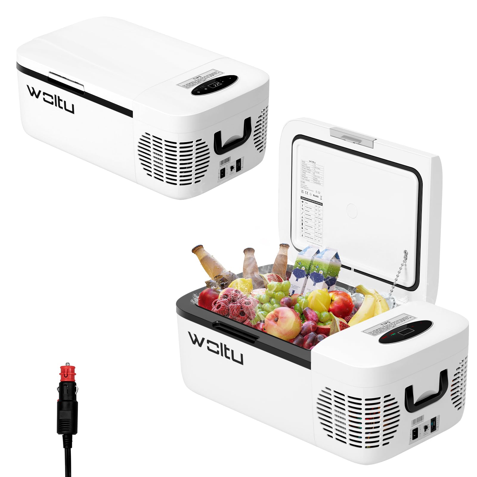 WOLTU Nevera Portátil Eléctrica 12L, Mini Nevera Coche, Nevera Pequeña con Asas de Transporte, Mini Frigorífico para Camping Viaje Autocaravana, Compresor DC 12/24V, Modo Eco/MAX, Blanco+Negro