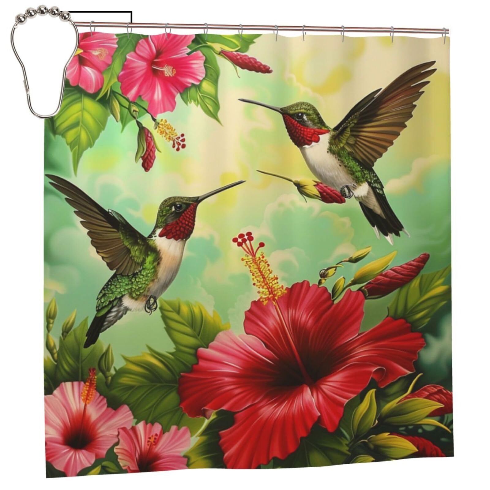 BWWHCCTI Hummingbirds Red Flower Hibiscus Printed Shower Curtain With 12 Iron Hooks Opaque Quick Drying Waterproof Shower Curtains Sets For Bathroom 183x183 CM