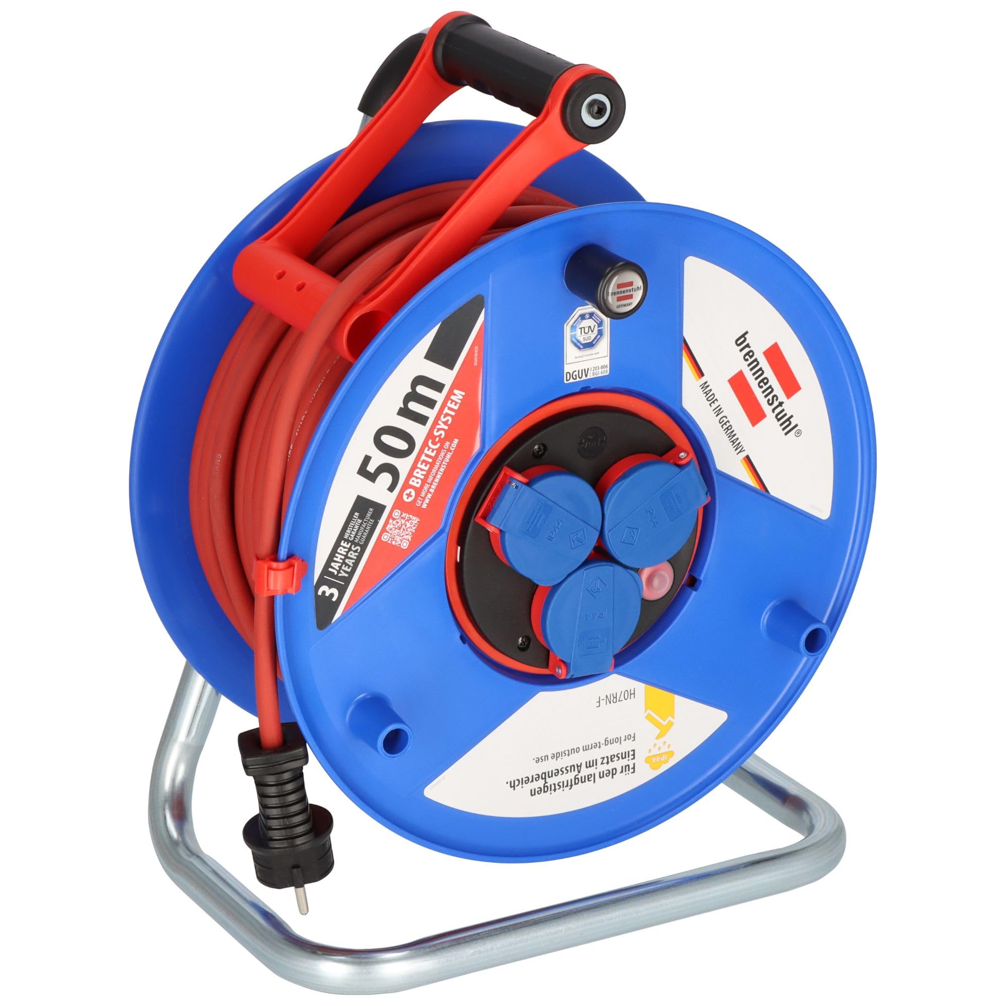 Brennenstuhl Garant Bretec IP44 Gewerbe-/Baustellen-Kabeltrommel, (50m Kabel in rot, Spezialkunststoff, Baustelleneinsatz und ständiger Einsatz im Außenbereich, Made in Germany) 1238930