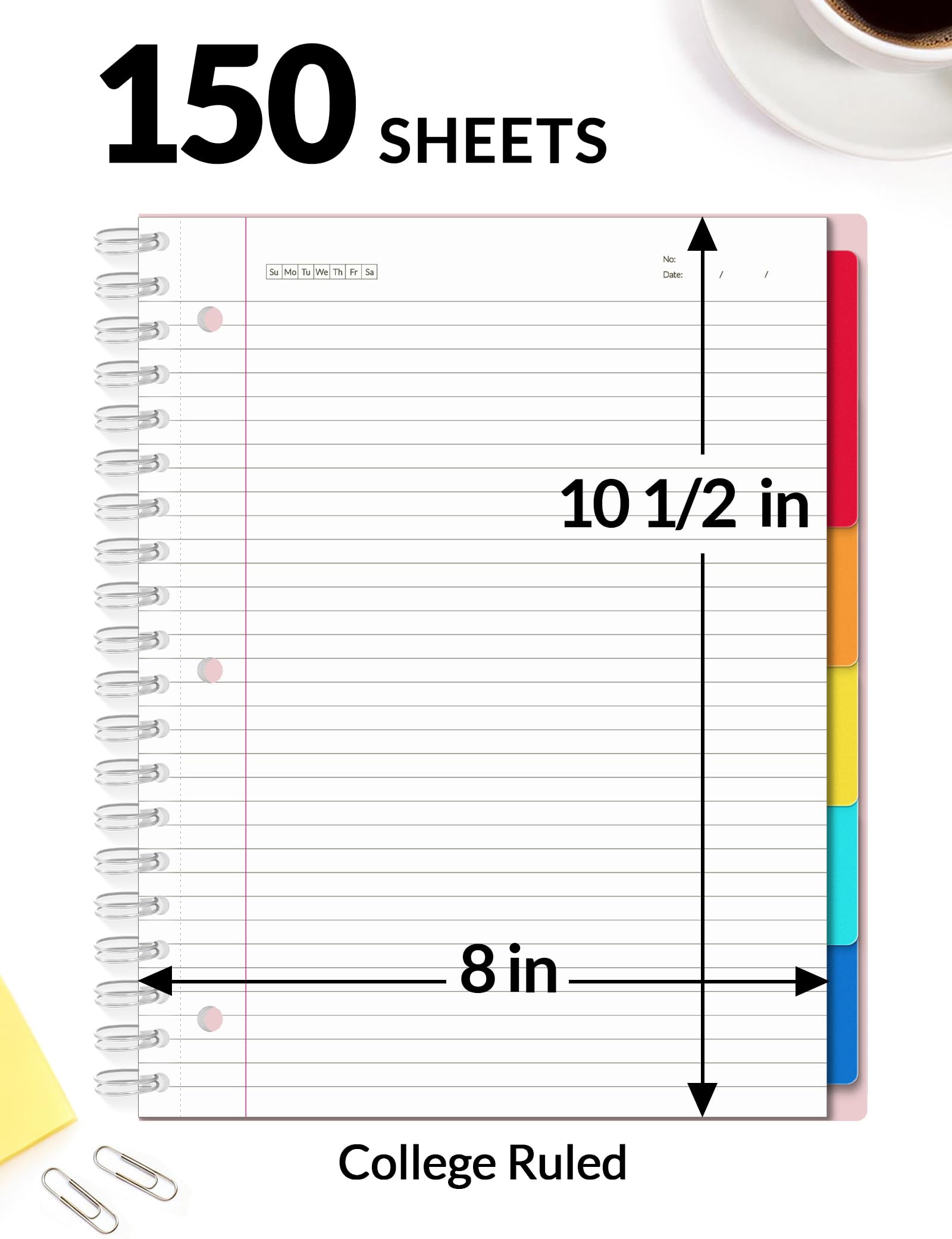 SUNEE Quaderni a spirale per lavoro con divisori e linguette rimovibili - 5 soggetti a righe, 300 pagine, 3 fori, copertina in polipropilene resistente, 20,3 x 26,7 cm, per ufficio o scuola, rosa