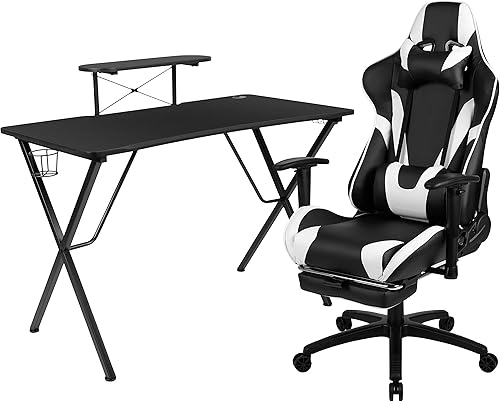 Miniatura 413 de Flash Furniture Juego de escritorio para juegos negro y silla de carreras blanco/negro con soporte para tazas, gancho para auriculares y soporte
