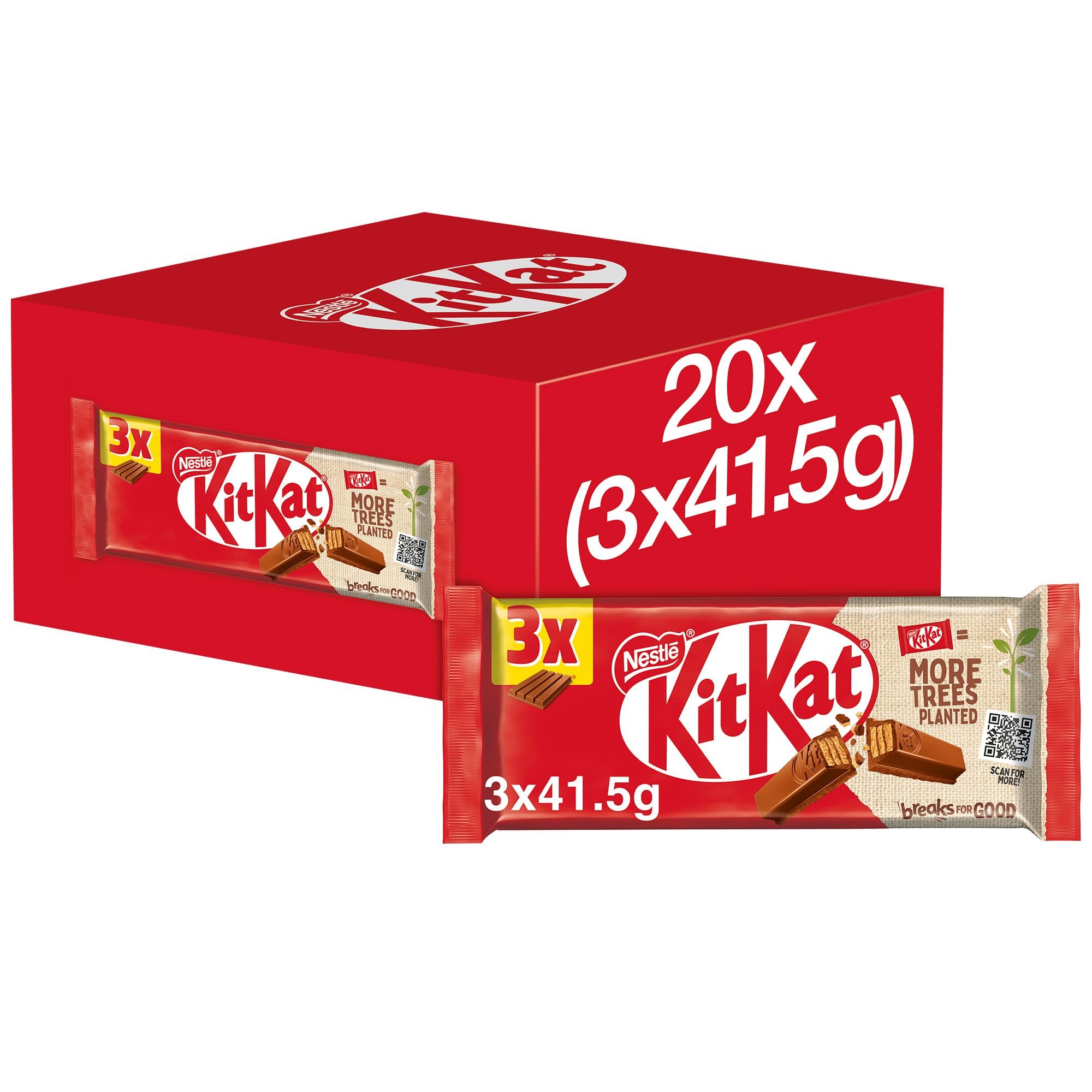 KitKat 4 Finger Milk Chocolate Bar Multipacks, 20 Pack of 3 x 41.5 g, (Total 60 Bars)
