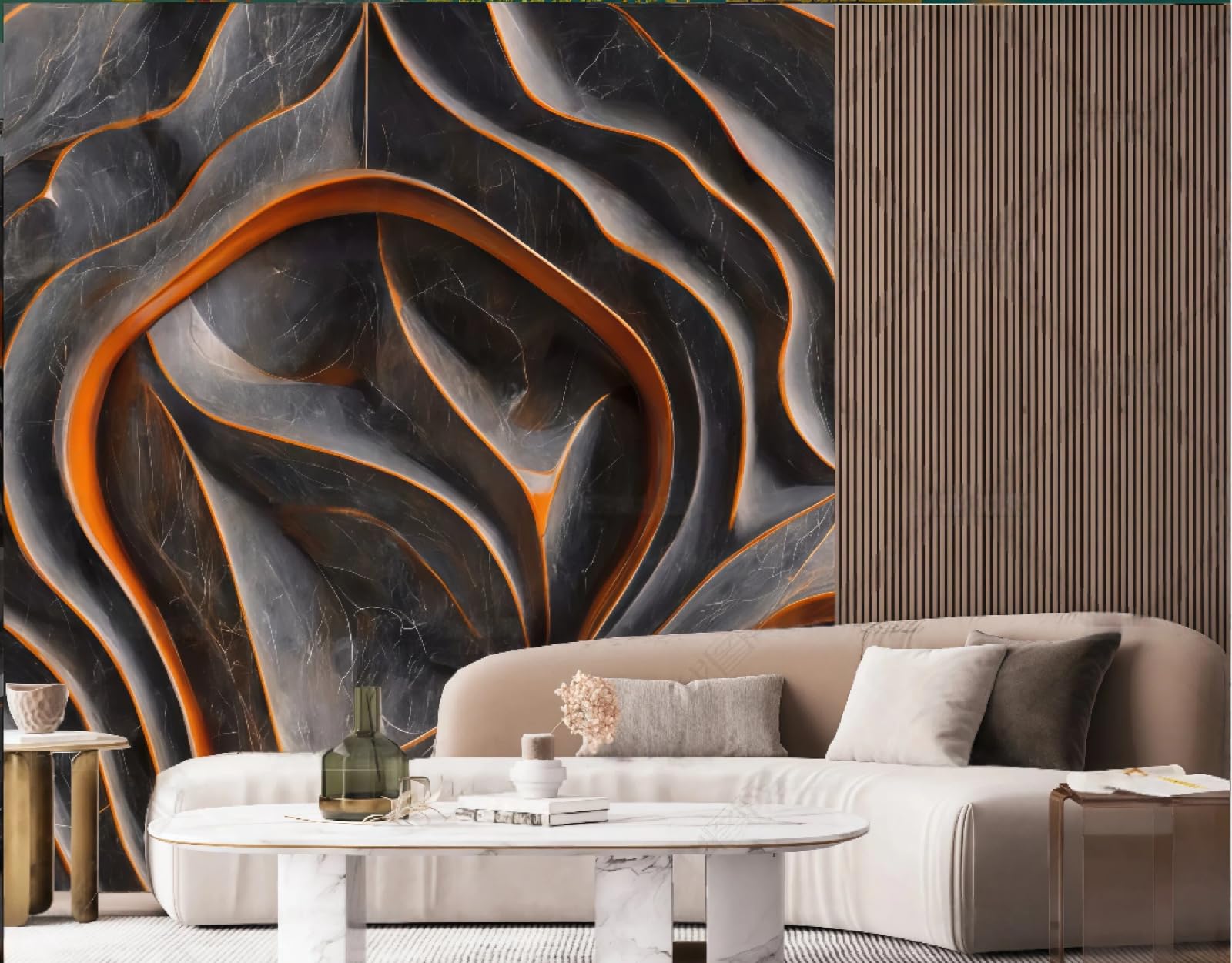 Nowoczesna trójwymiarowa geometryczna tłoczona skała abstrakcyjny wzór marmuru pomarańczowy marmurowy telewizor sofa tło tapeta ścienna salon restauracja kawiarnia, 3D, 250 x 175 cm
