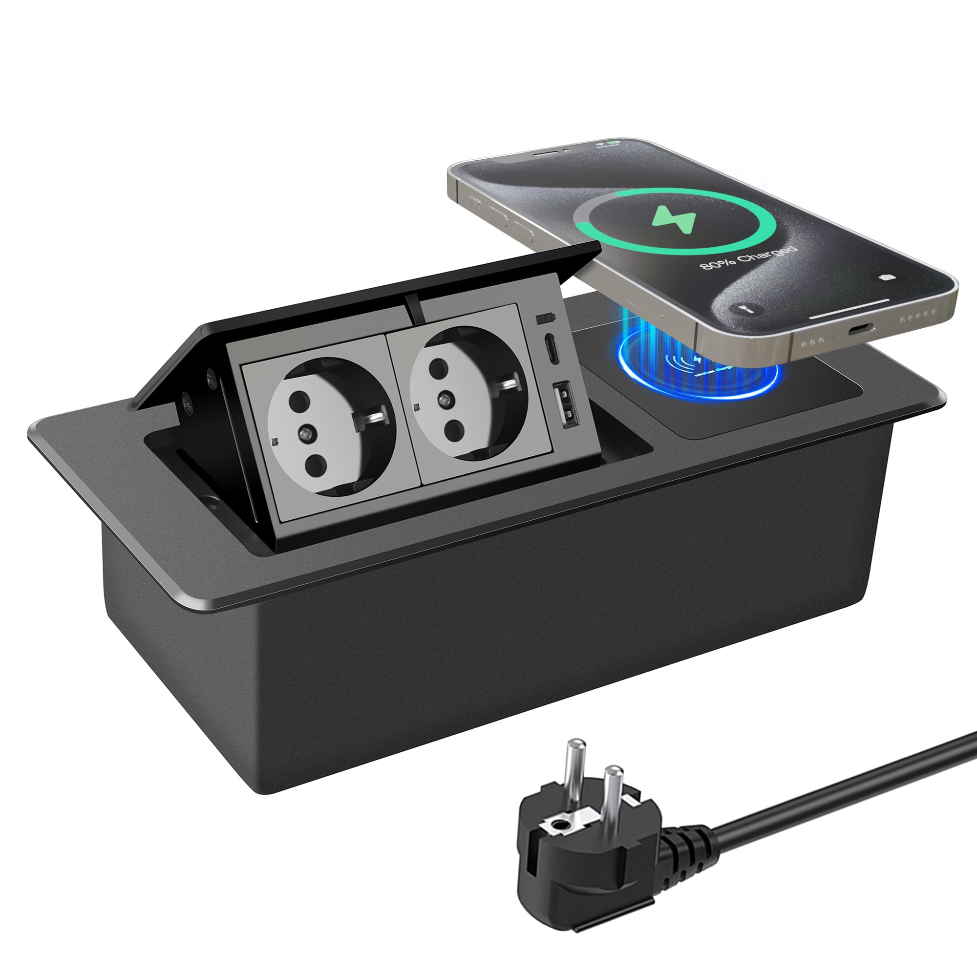 Tafelblad, verborgen stopcontact, inbouwstopcontact met USB-A C pop-up tafelstopcontact, bureau, stopcontact met 2 x 16 A EU stopcontacten en LAN HDMI