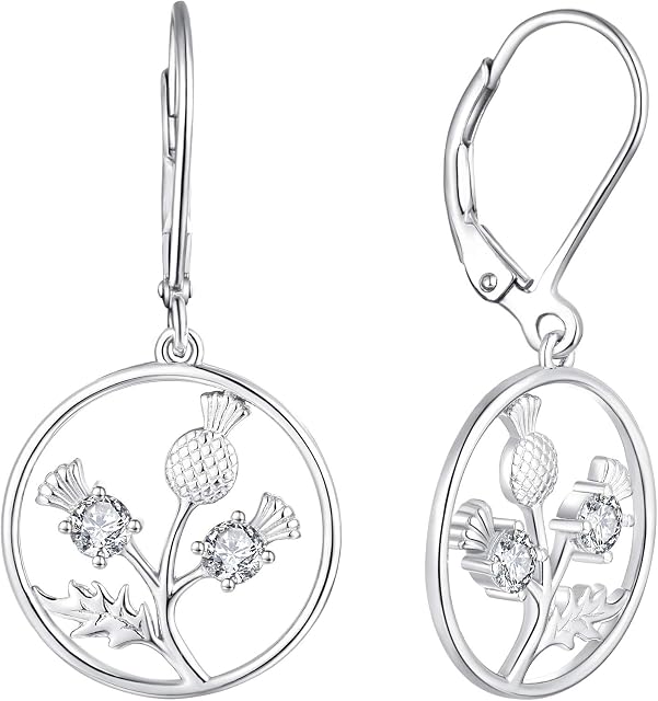 JO WISDOM Scottish Thistle Earrings,925 Sterling Silver Scotland Flower Outlander Drop & Dangle Earrings with 3A CZ Birthstone,Jewelry for Women