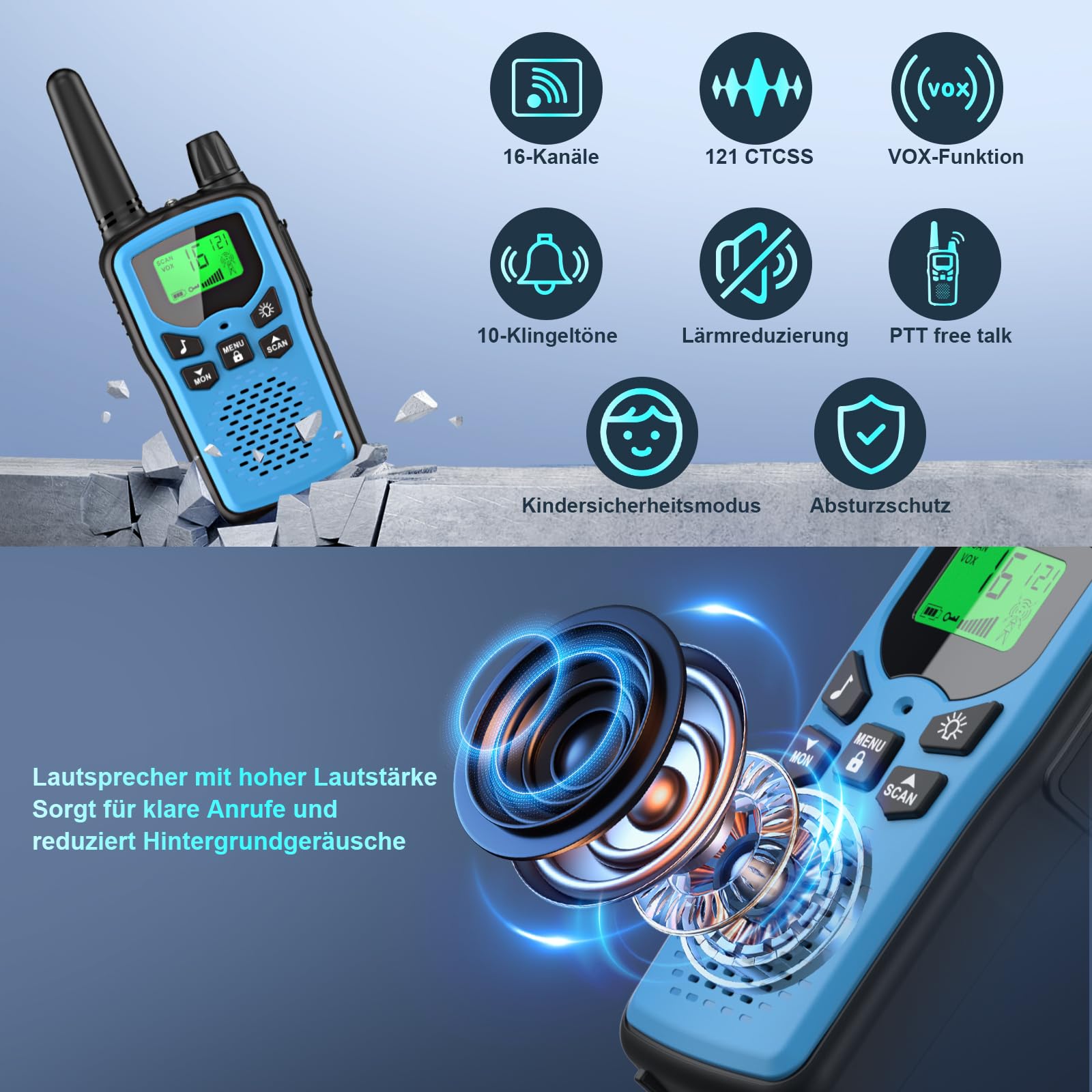 Walkie Talkie 3er Set Kinder Aufladbar, Rabigala Funkgeräte mit 5km großer Reichweite für Erwachsene, Li-ion Akku, VOX Freisprecheinrichtung, Taschenlampe LED, LCD