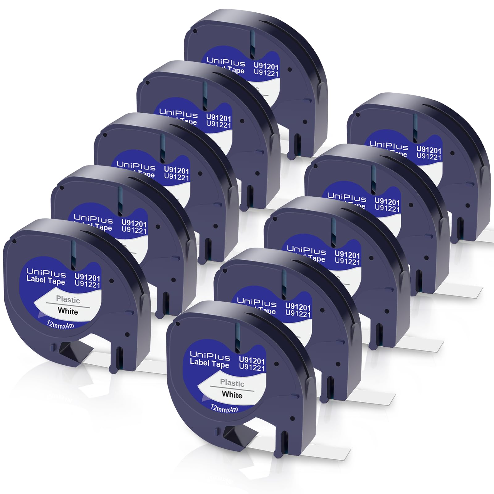 UniPlus 10 pack compatible para Dymo Letratag 91221 Cinta de Etiquetas para 91201 91221 S0721660 Plastic 12mm x 4m Negro sobre Blanco Cinta para Dymo LetraTag Etiquetadoras LT100H LT100T 200B QX50 XR