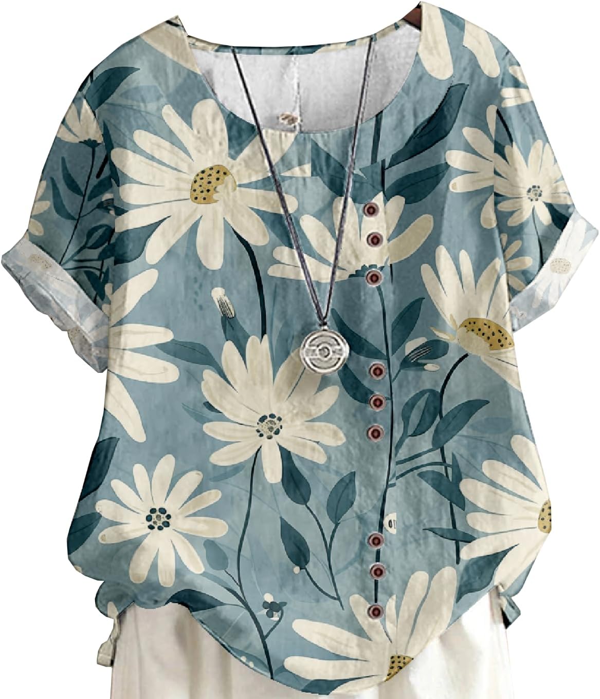 Women’s Vintage Linen Tops Short Sleeve Boho Summer Graphic Tees Tunic Shirts Casual Loose Button Blouses