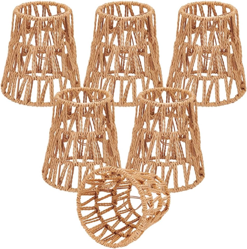 UNICRAFTALE 2 Pcs Clip On Rattan Chandelier Lamp Shade Small Lamps Shades Rattan Linen Cone Woven Mini Shades for Candle Bulb Table Wall Lamp 5.24x5.91 Inch
