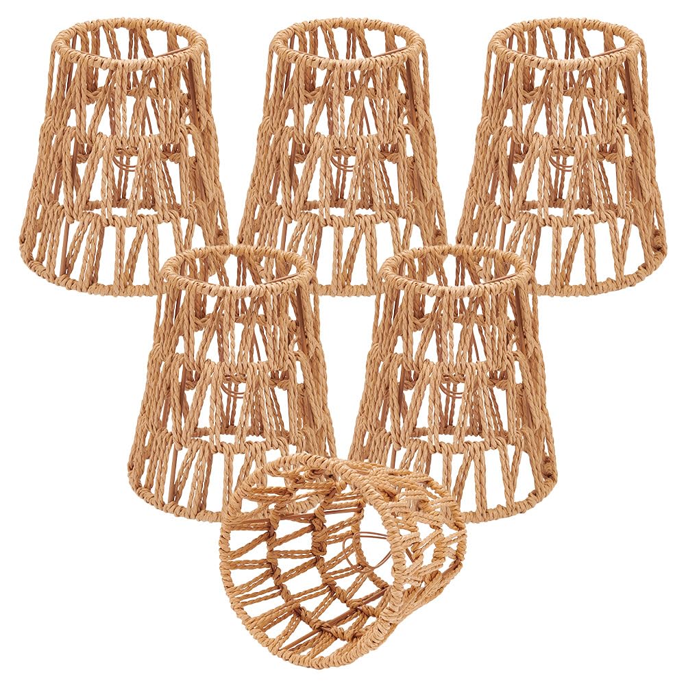 UNICRAFTALE 6 Pièces Abat Jour de Lustre en Papier à Clip Mini Luminaires Tressés Artisanal 5.51x5.91 pouces/14x15 cm Marron Selle Conique Tissés pour Ampoule Bougie Lampes de Table Murale