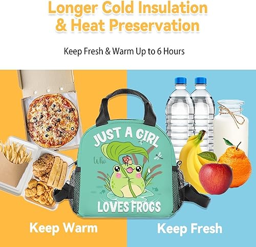 Miniatura 6 de FUZZYFIT Lonchera de rana para niñas, bolsas de almuerzo reutilizables aisladas congelables - Pequeña lonchera en blanco linda para niños - Ideal