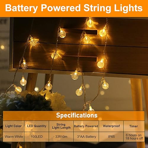 Miniatura 3 de Paquete de 2 tiras de luces LED de 66 pies con 200 luces LED que funcionan con pilas, impermeables con control remoto, 8 modos, para interiores y