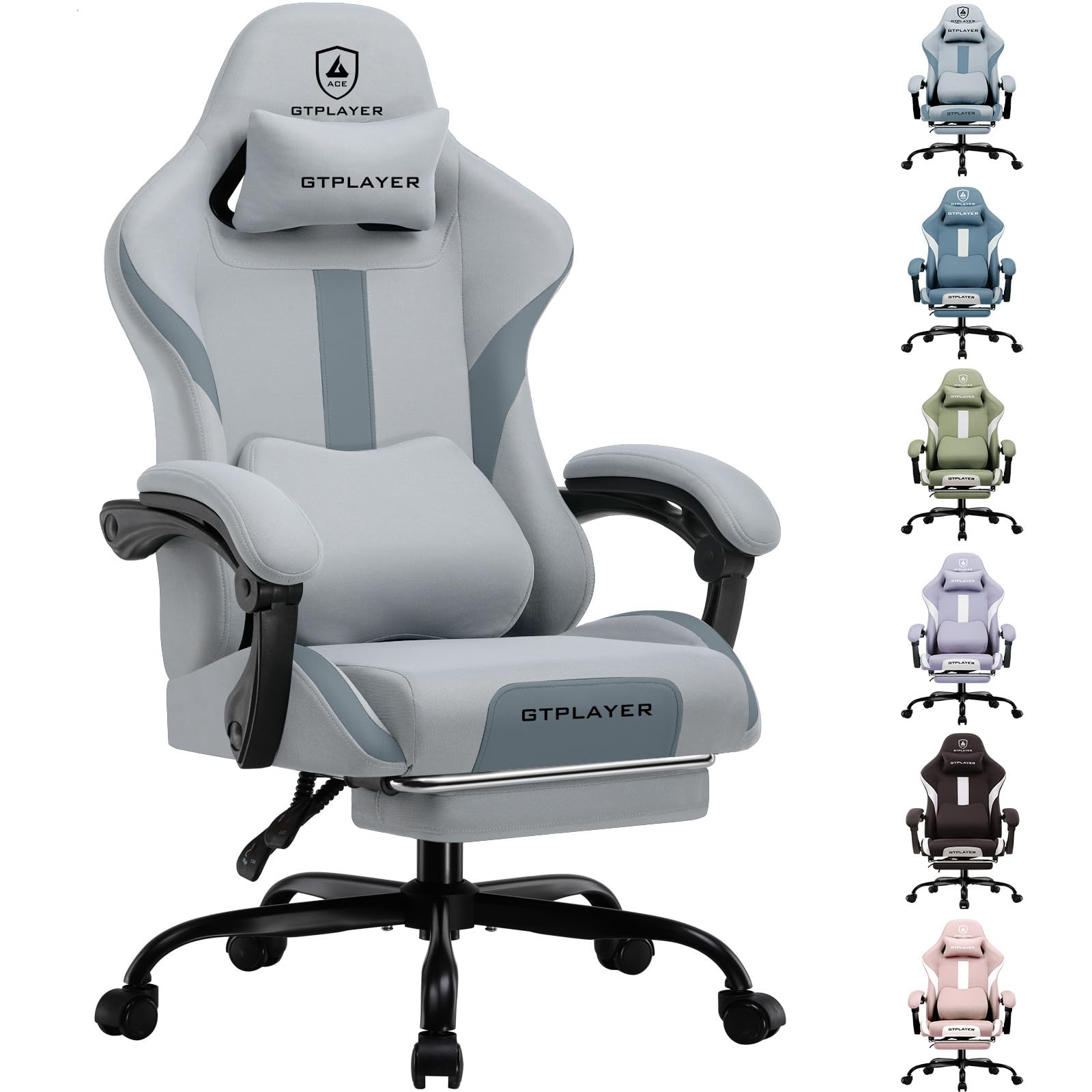 GTPLAYER Fabric Gaming Chair, Ergonomic Computer Chair with Footrest Lumbar Support Heavy Duty High Back Adjustable Height Svivel Office Desk Chairs (Grey)