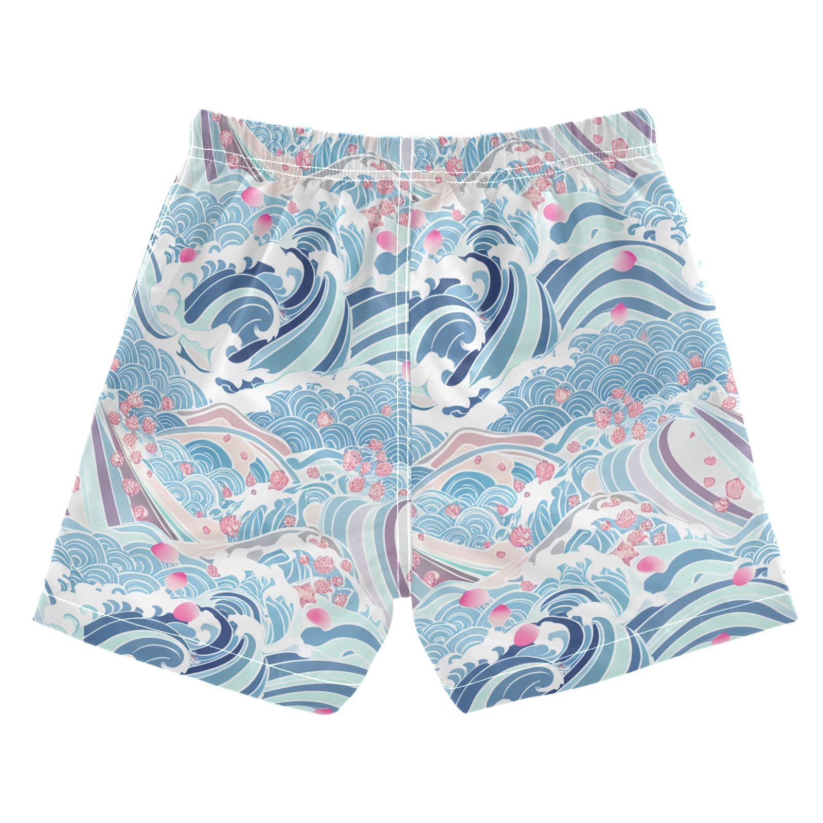 DOMIKING Blue Wave Petal Boys Swim Shorts Quick Dry Swimsuit with Elastic Waistband for Boys Beach Pool Adjustable Waist S