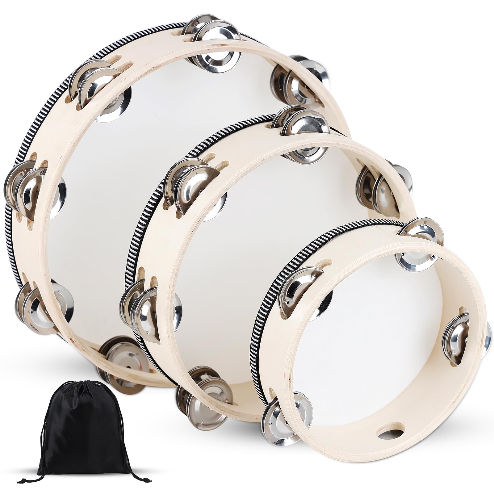 Pandereta de percusión de mano de madera con bolsa de almacenamiento, 6+8+10 pulgadas, ideal para iglesia, boda, fiesta, baile, sesión de fotos