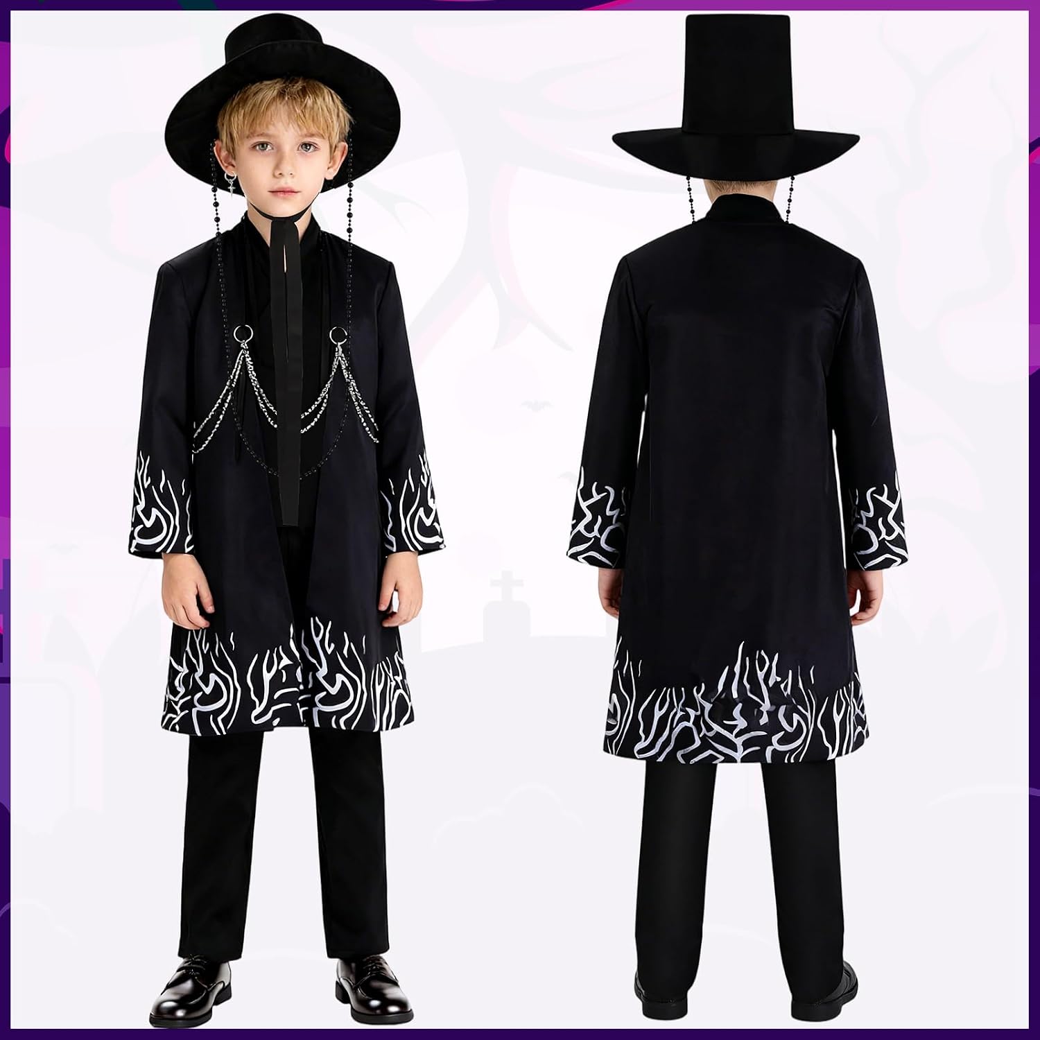 Halloween Cosplay Costume Outfit Set for Men, Black Coat Shirt Pant and Accessories Halloween Carnival Anime Cosplay Theme Party Supplies, Stage Performance Outfit（Size:120）