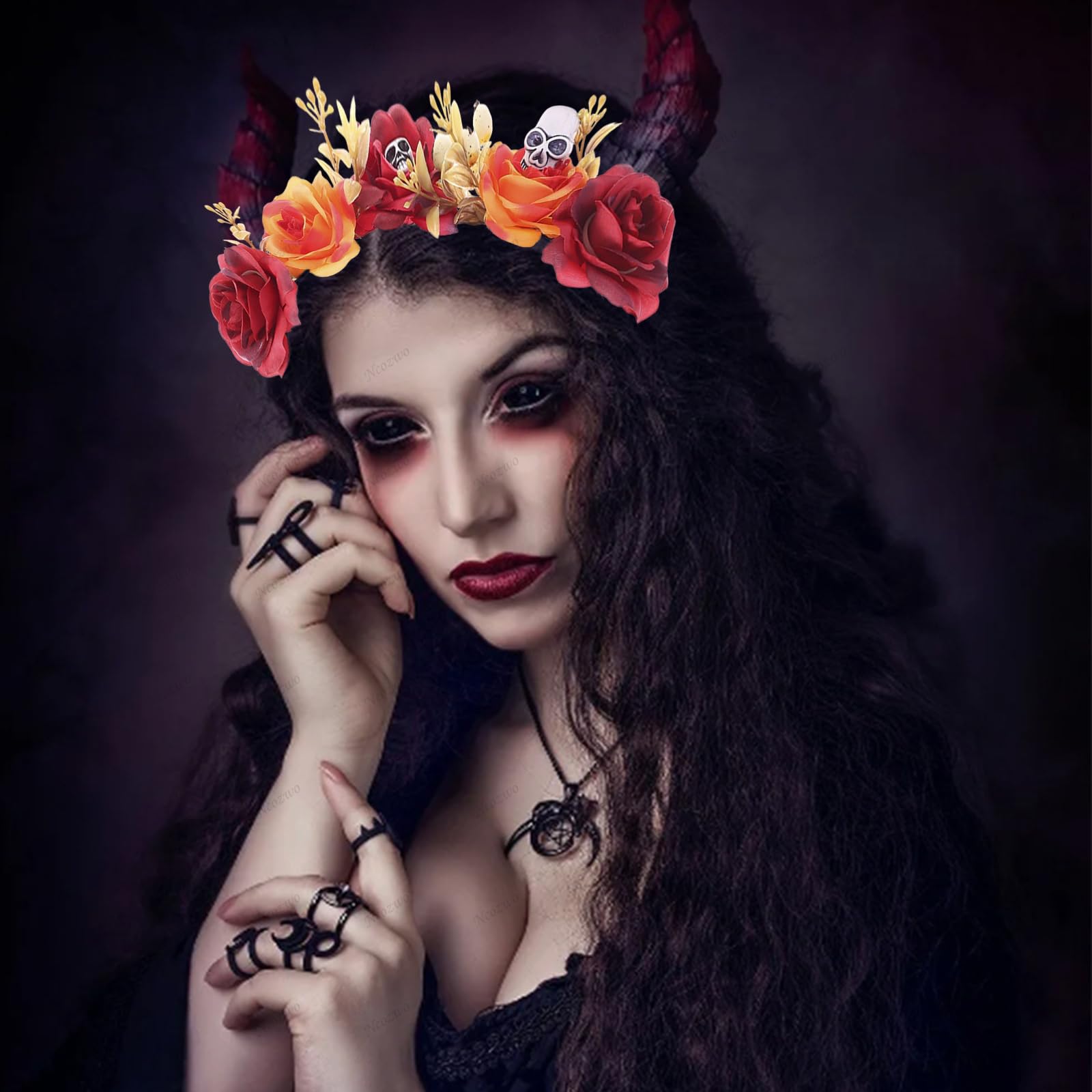 Amazon.com : Orange and Red Rose Skull Headband for Women  display picture 2
