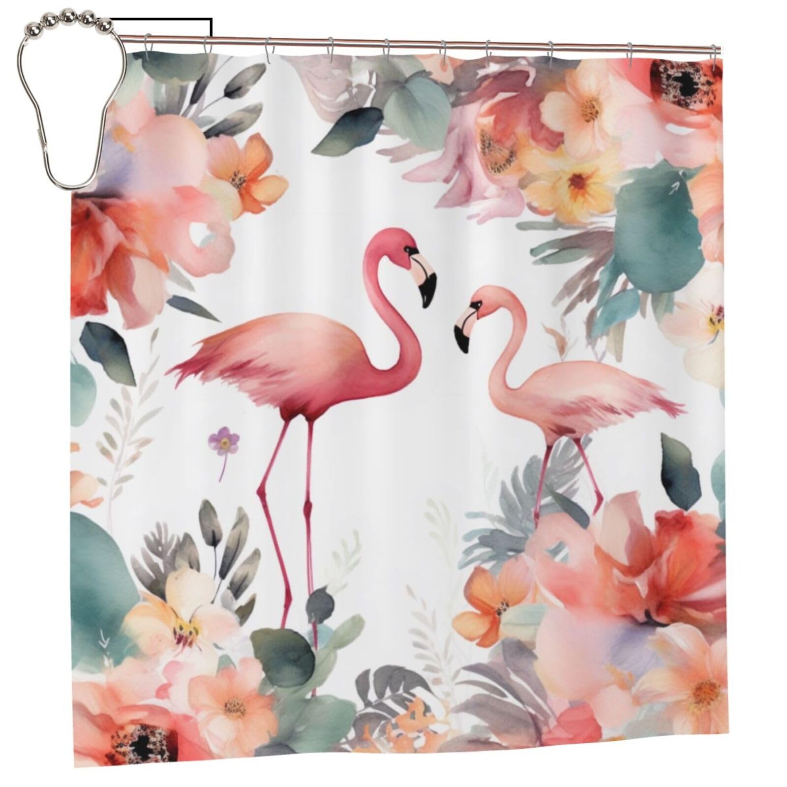 BWWHCCTI Floral with Flamingo Printed Shower Curtain With 12 Iron Hooks Opaque Quick Drying Waterproof Shower Curtains Sets For Bathroom 183x183 CM
