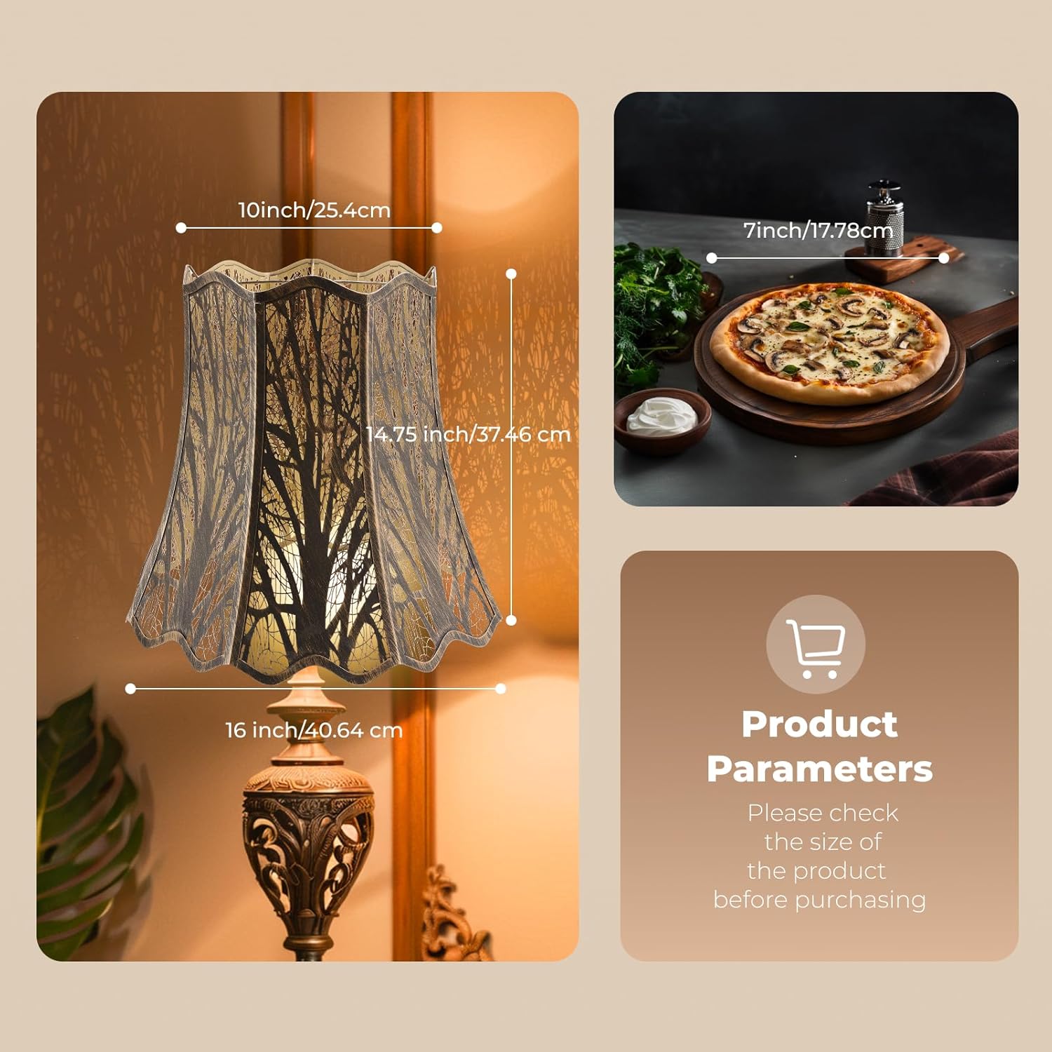 Etched Court Style Metal Lamp Shade, Large Upper and Lower Wave Lampshade with Forest Tree Pattern, 10"Top x 16" Bottom x 14.75" High, lron Cover shade for Table Lamps, Floor Lamps (Bronze & Gold)