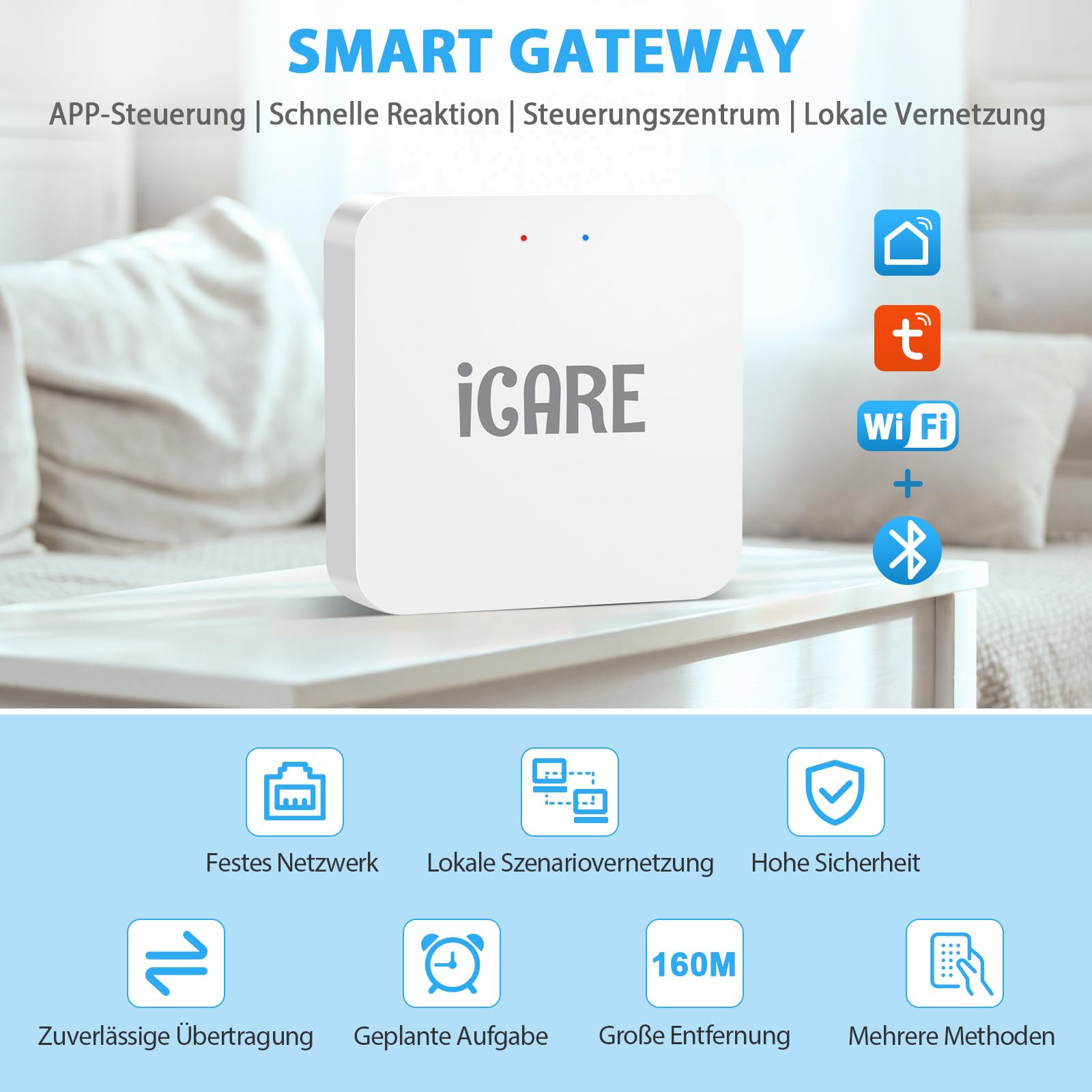 Smart Gateway (WiFi/Bluetooth) für ICARE Fingerprint Smart Lock/Tuya/Smart Life - Fernsteuerung per App, kompatibel mit Alexa & Google Home