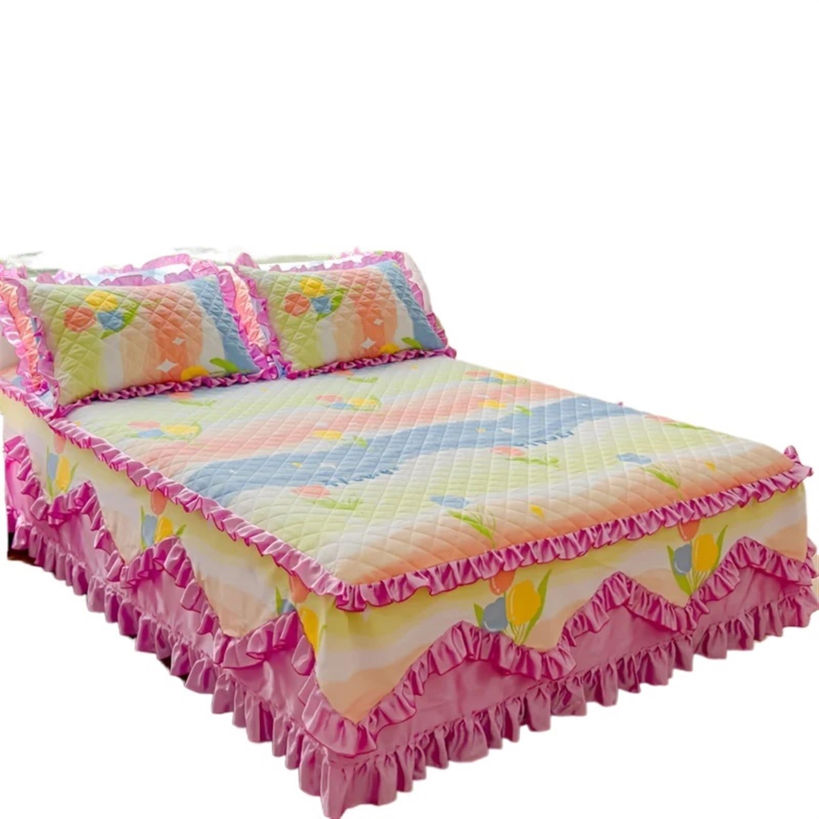 Bed skirt Thicken Quilted Bedspread Bed Skirt Pure Cotton Cover Not Including Pillowcase(Color 3,150x200x45cm 1pc)