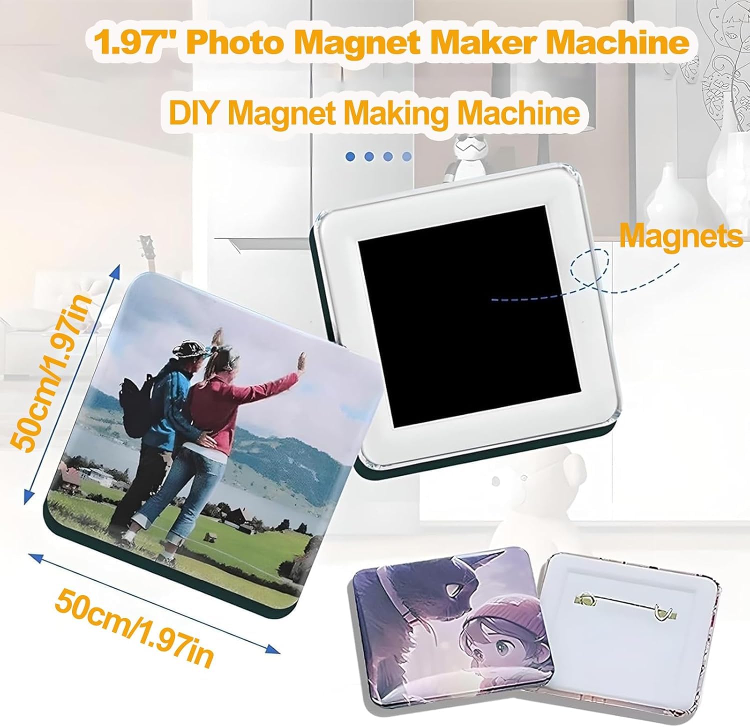 DIY Abzeichenmaschine & Magnet-Set, 2x2 Zoll Foto-Magnetpresse mit Papierschneider und 100 Teilen. Komplettes Bastelset für personalisierte Geschenke, Souvenirs und Heimwerkerprojekte