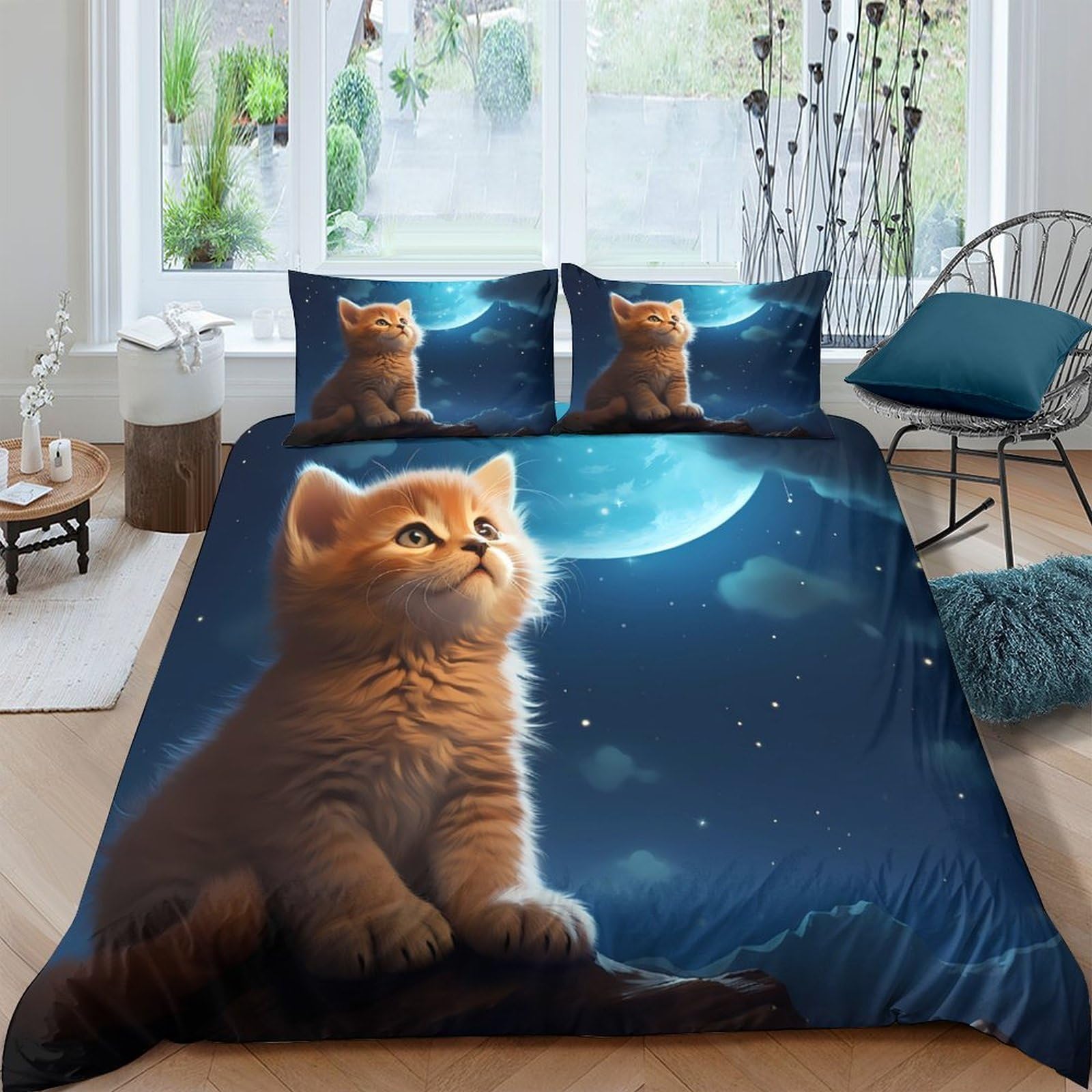 Ctjqhvkz Style-4 3D Printed Moonlit Cat Fitted Sheet Microfiber Soft Breathable Night Sky Bed Cover For Bedroom Guest Room Decor Single（135X200cm）