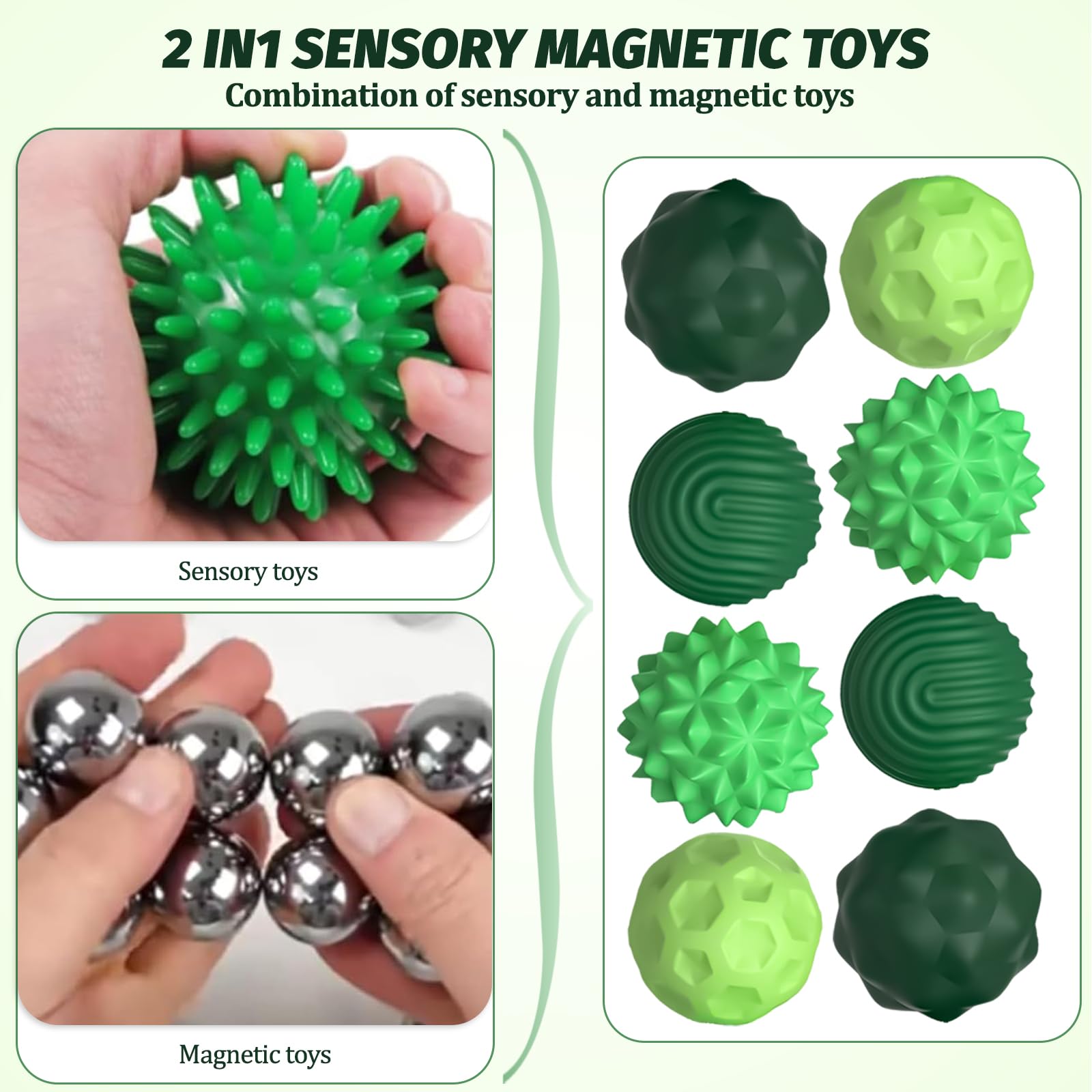 8 Zestaw Magnetycznych Fidget Toys – 4 modele silikonowych kulek + pudełko do przechowywania – Antystresowe zabawki sensoryczne dla dzieci i dorosłych, pomoc w koncentracji i relaksie (Zielony)
