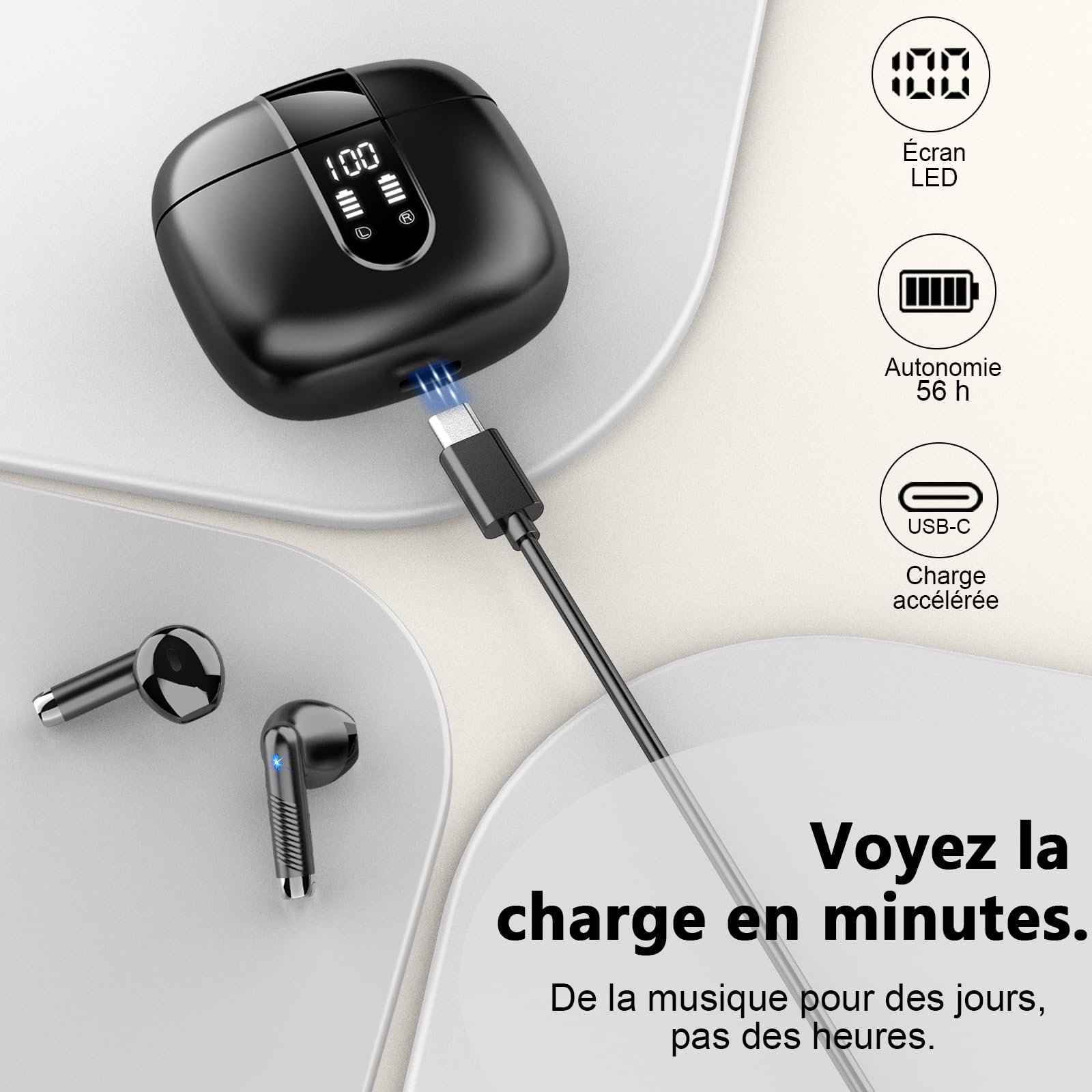 Ecouteurs Bluetooth sans Fil, Écouteurs Bluetooth 5.4 2025 Écouteurs sans Fil avec 4 ENC Réduction de Bruit Mic, IP7 Étanches Oreillette Bluetooth 56H Stéréo USB-C Casque Bluetooth pour Sport/Travail