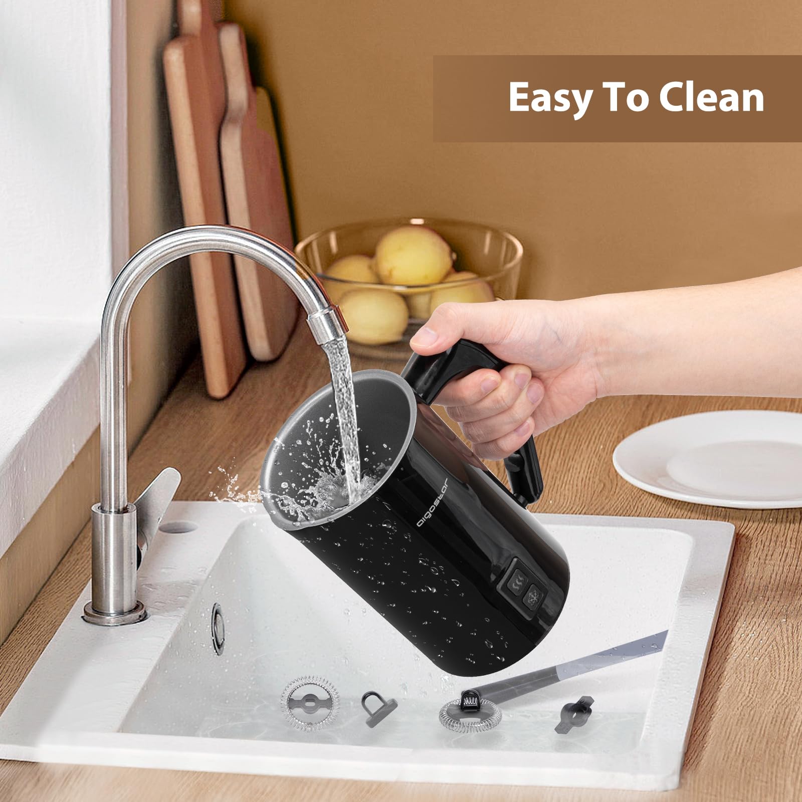 Aigostar Capu - Montalatte Elettrico 500W 240mL, Cappuccinatore Silenzioso 3 in 1 Montalatte Automatico per schiuma di latte caldo e freddo,Rivestimento Antiaderente, per Caffè, Latte, Cappuccino